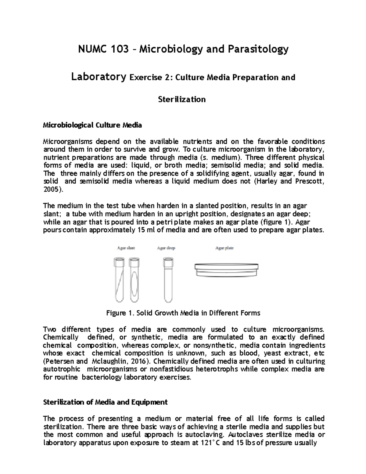 NUMC 103 Exercise 2 Culture Media Preparation and Sterilization