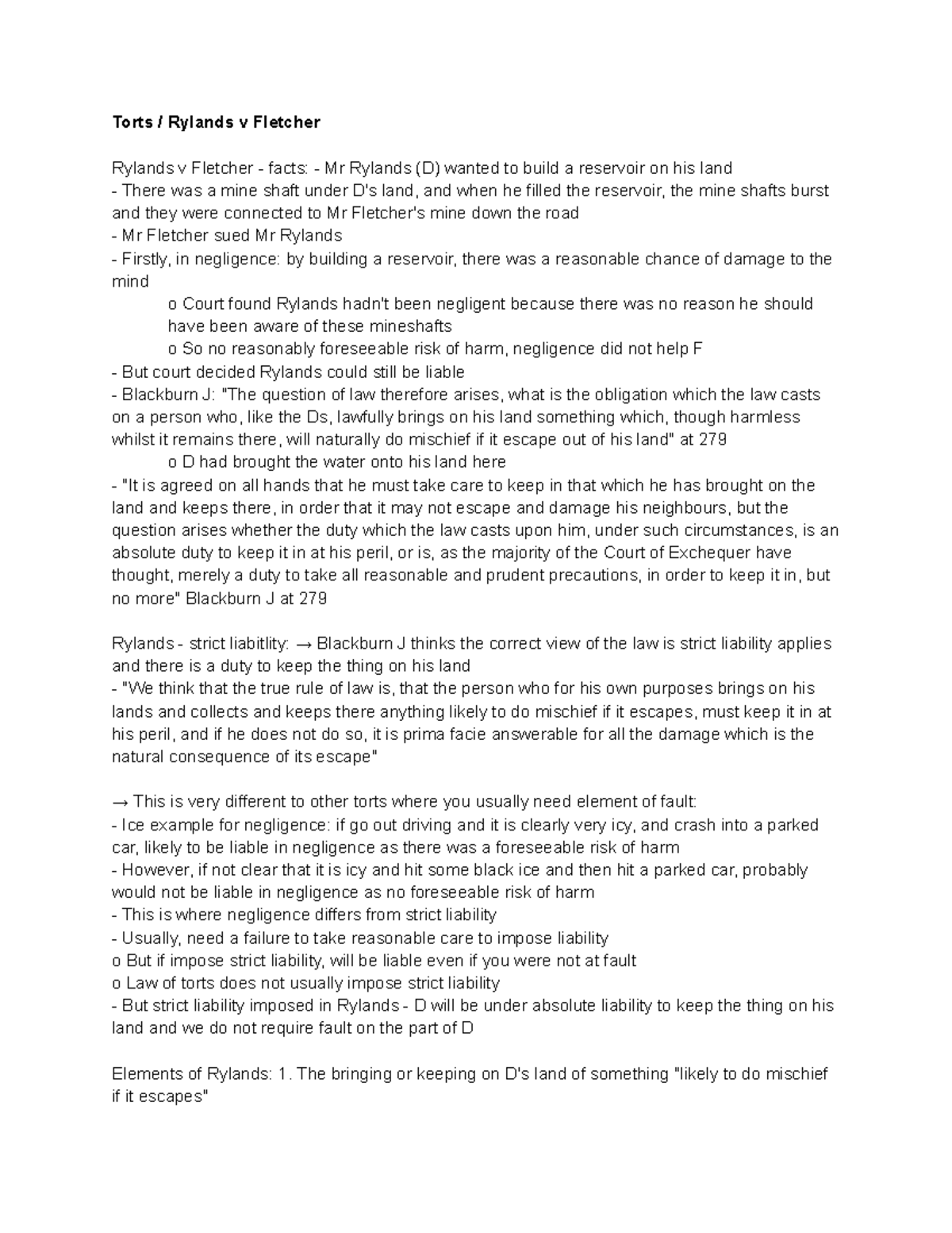 Torts Rylands v Fletcher - Torts / Rylands v Fletcher Rylands v ...