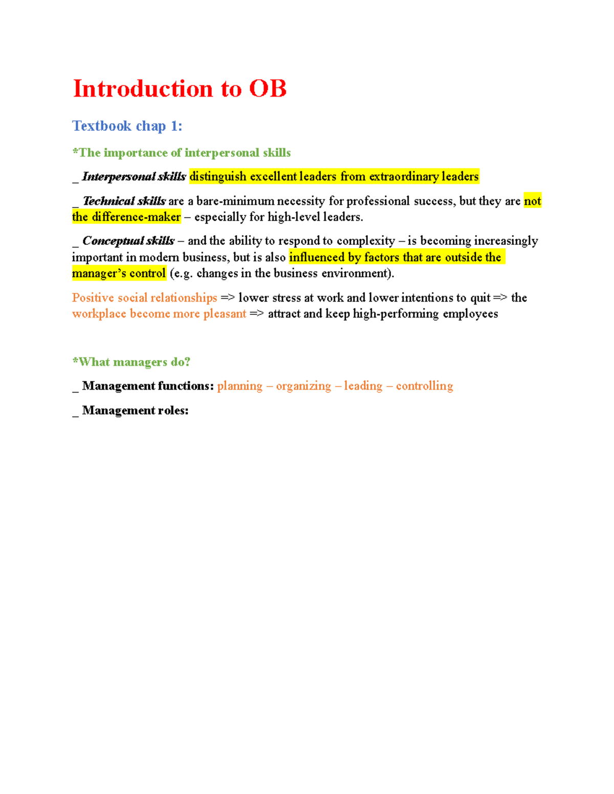 S1 - summary of management - Introduction to OB Textbook chap 1: *The ...