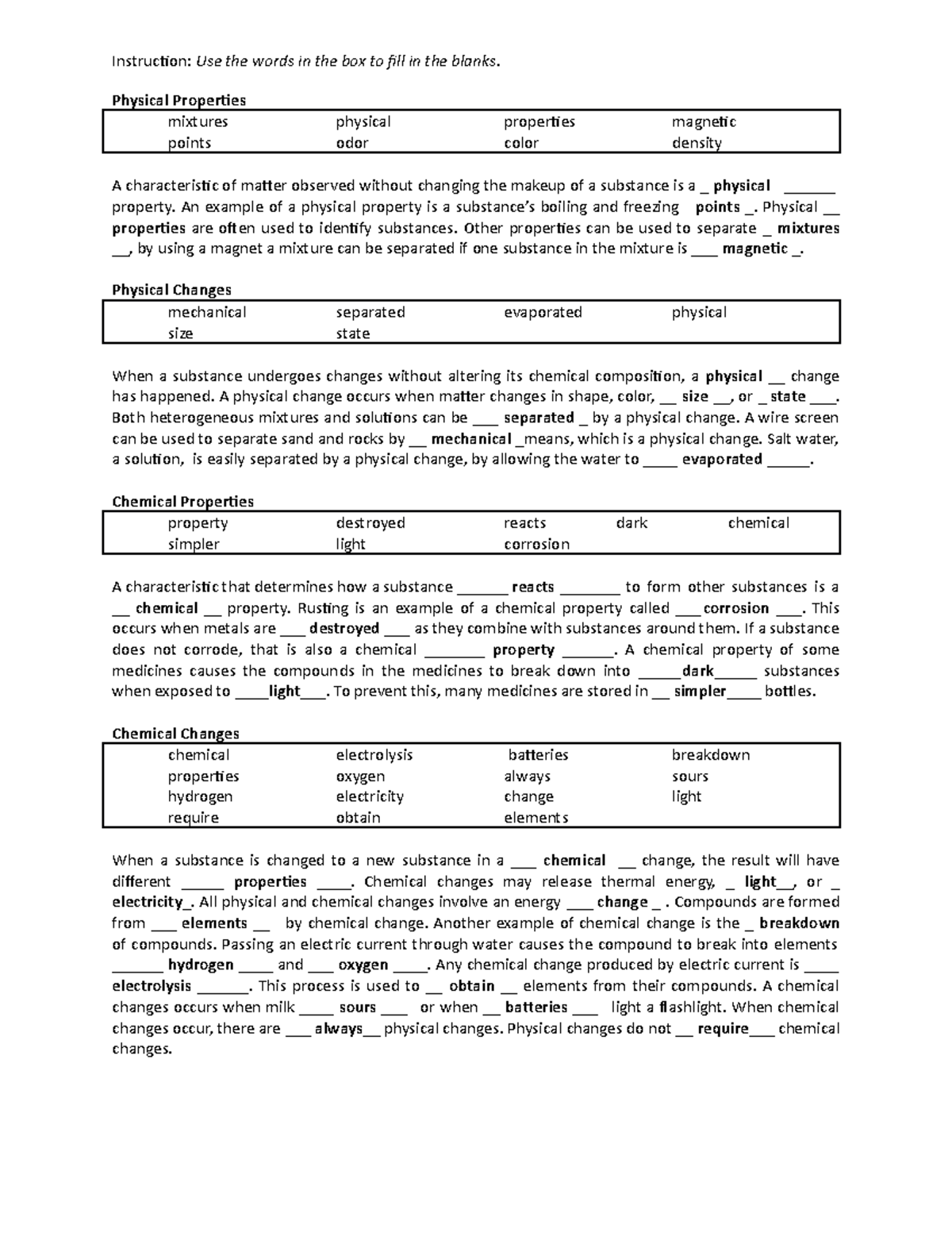 CHEM properties-of-matter 00 - Instruction: Use the words in the box to ...