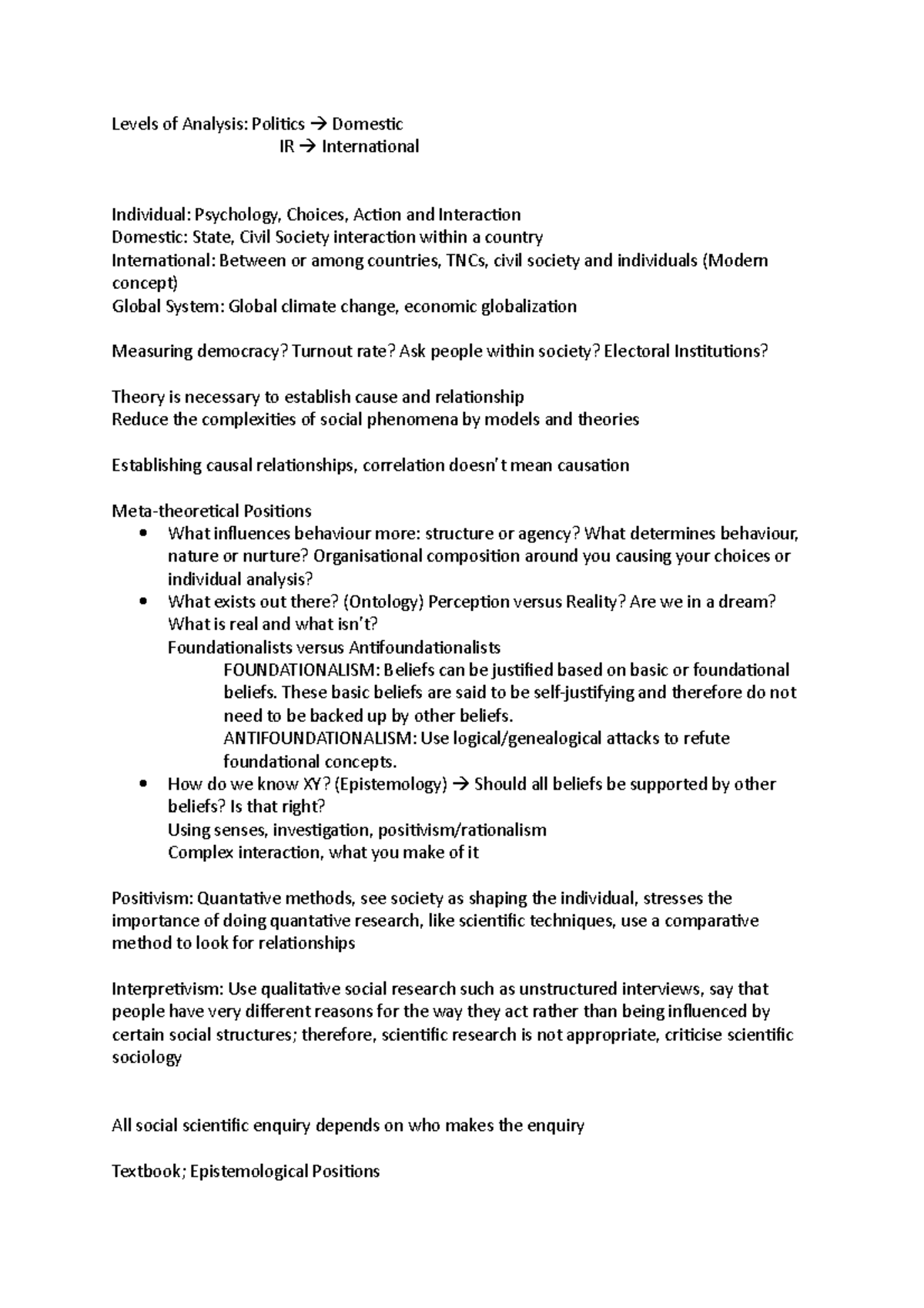 Week 1 Lecture Notes - Levels of Analysis: Politics Domestic IR ...