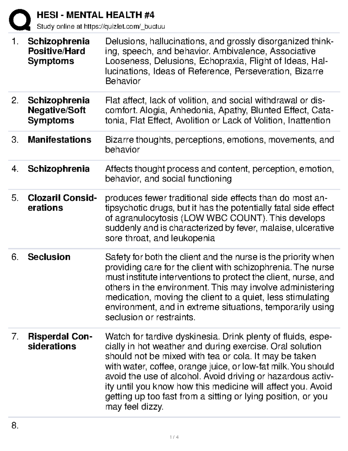 HESI Mental Health 4 Study online at quizlet/_buctuu Schizophrenia