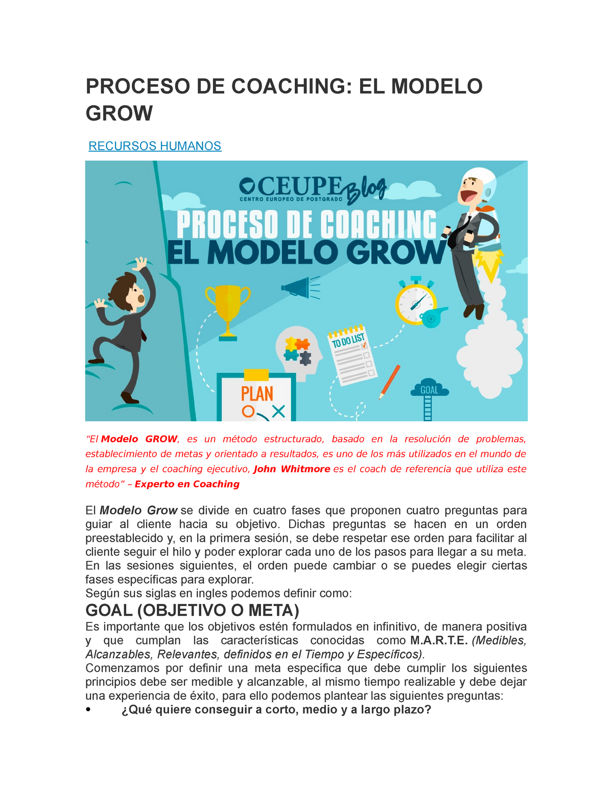 Proceso DE Coaching - Apuntes 2 - PROCESO DE COACHING: EL MODELO GROW  RECURSOS HUMANOS “El Modelo - Studocu