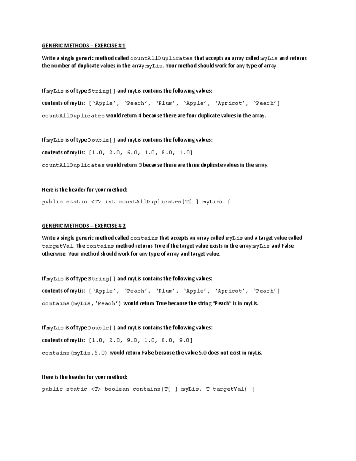 Generic Methods - Practice Problems - GENERIC METHODS – EXERCISE # 1 ...