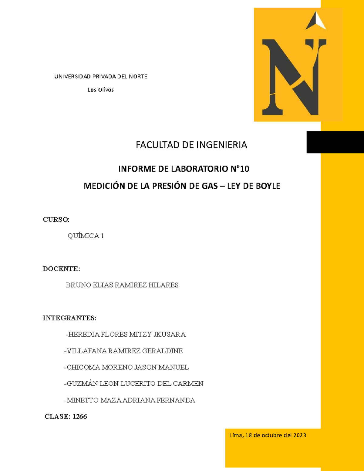 Laboratorio Informe 10 Informe De Laboratorio N° MediciÓn De La