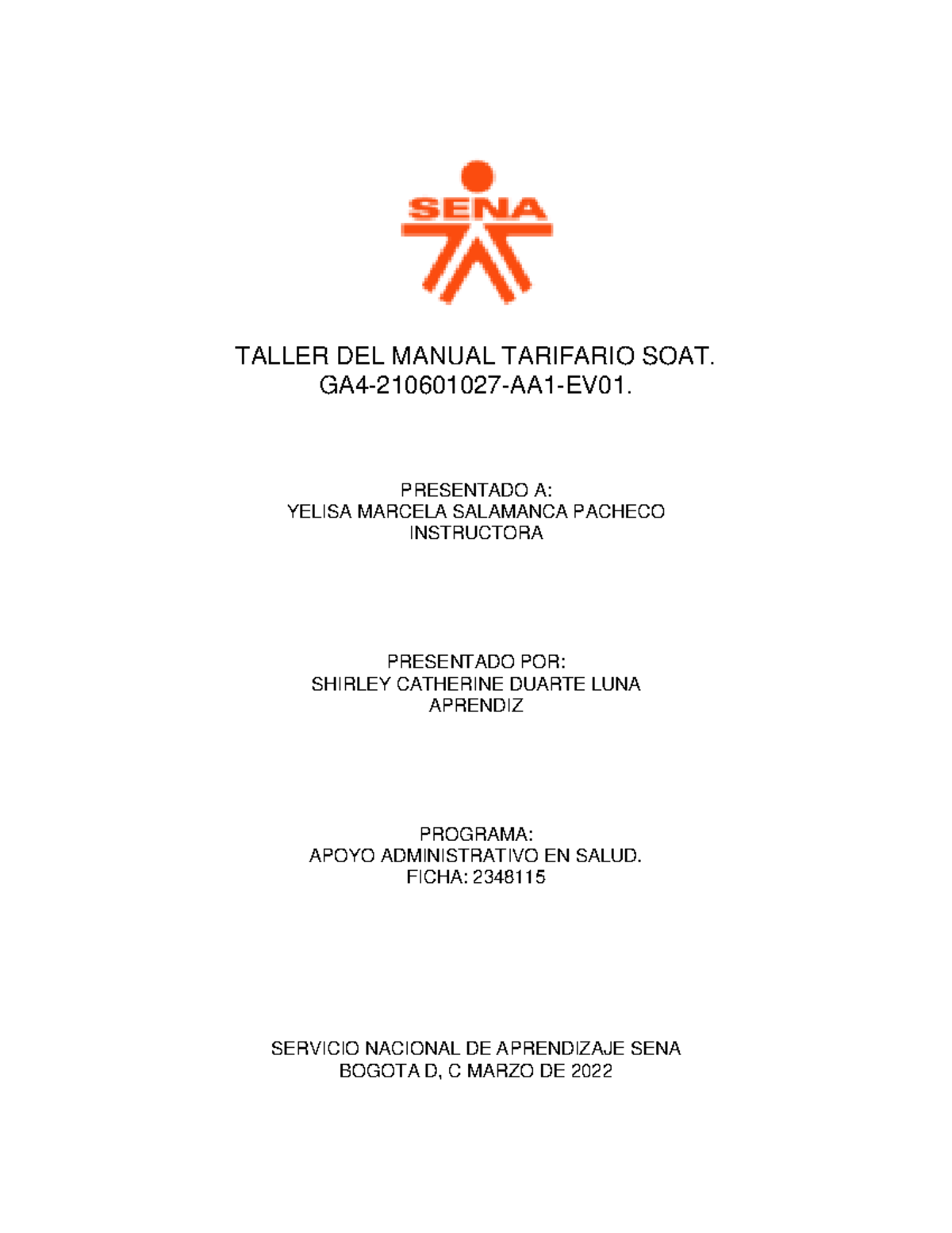 Taller del manual tarifario SOAT. GA4210601027AA1EV01 TALLER DEL