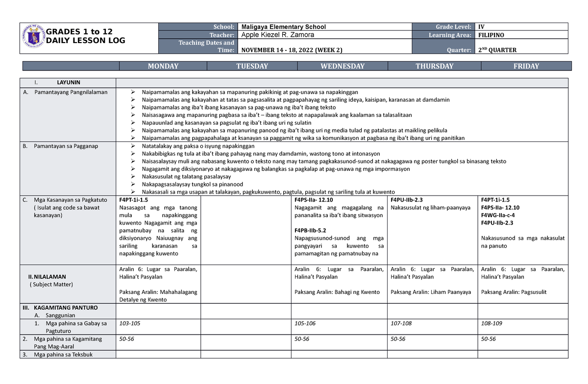 DLL Filipino 4 Q2 W2 - WeSDF - GRADES 1 To 12 DAILY LESSON LOG School ...