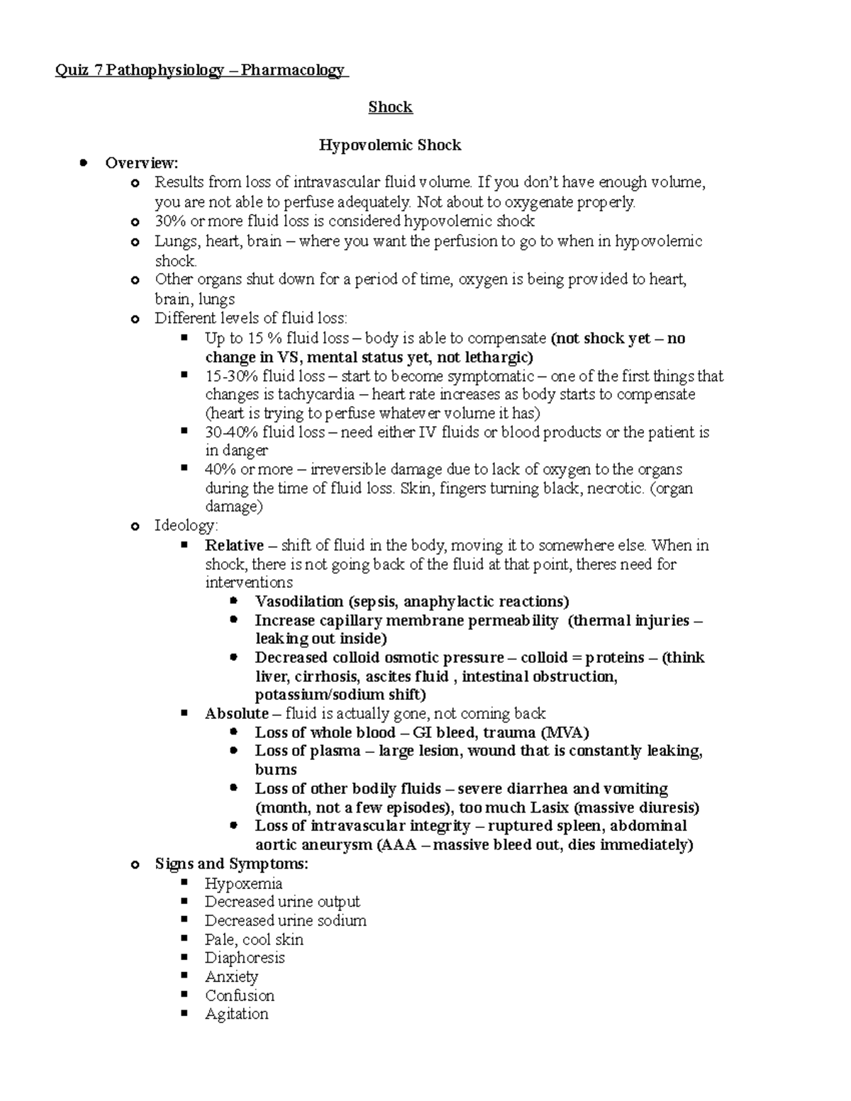4219 Shock lecture Quiz 7 Pathophysiology Pharmacology Shock Hypovolemic Shock Overview o