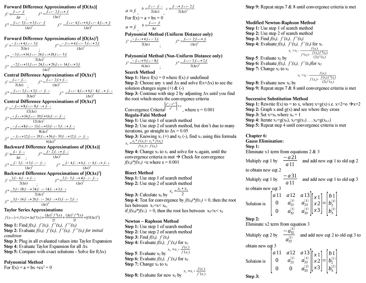 Equations Sheet For Final - Forward Difference Approximations of [O(Δx ...