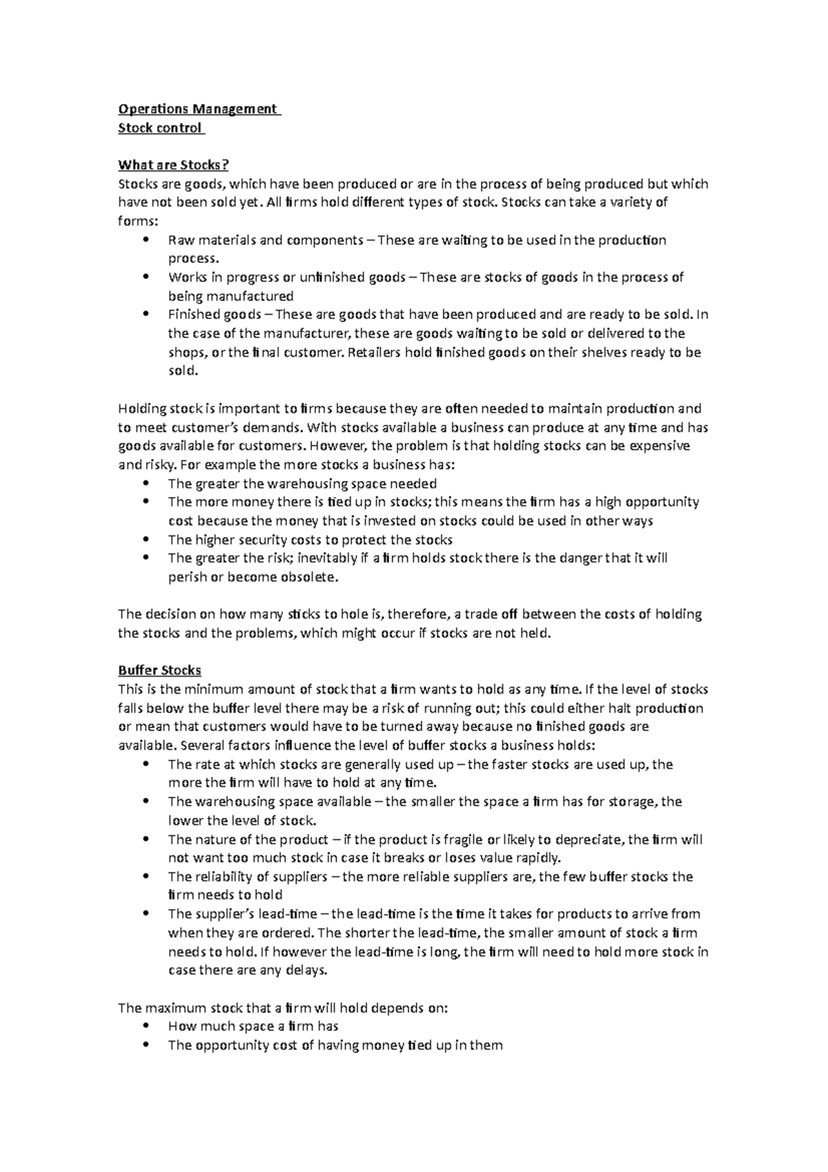 Business - stock control - Operations Management Stock control What are ...
