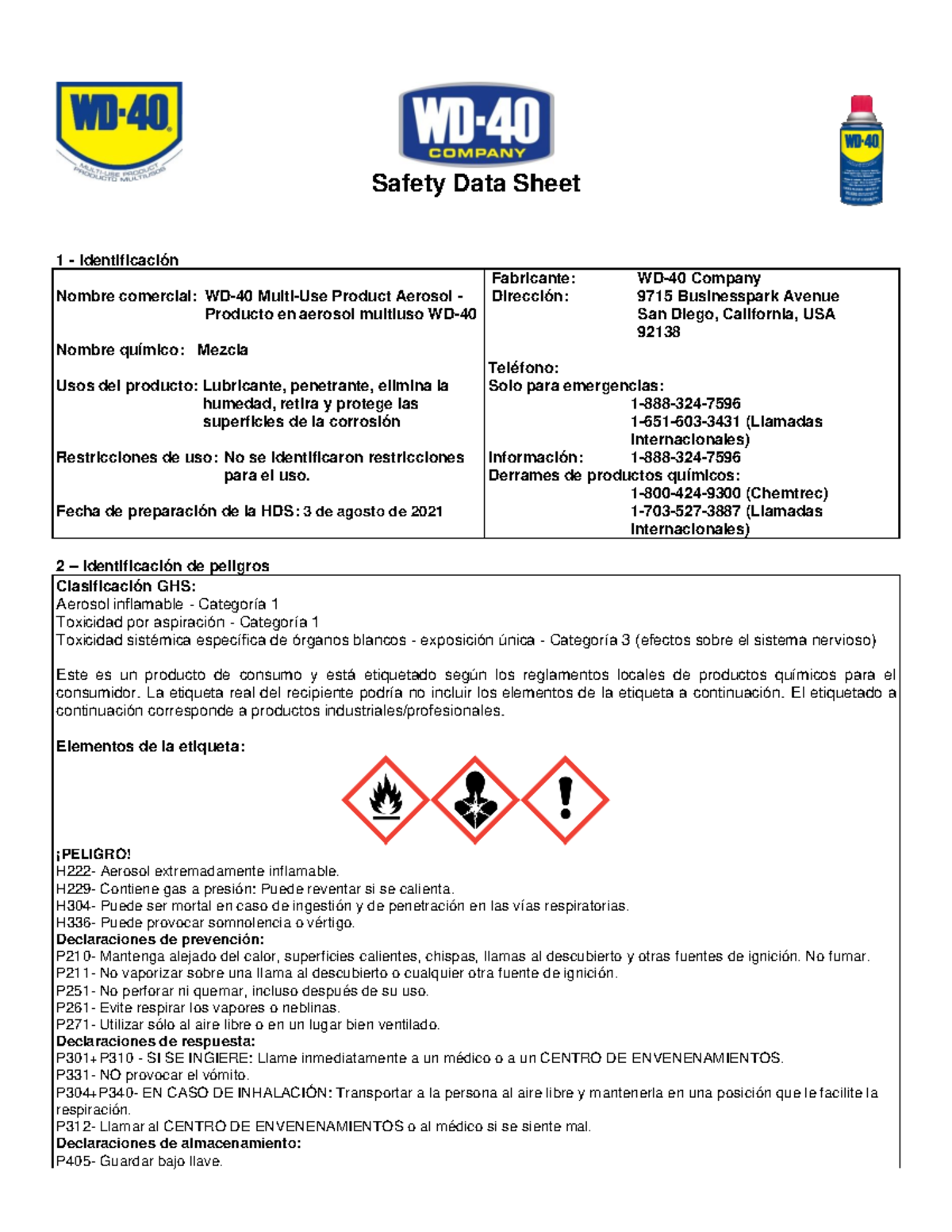 WD 40 Multi Use Product Aerosol Safety Data Sheet 1 Identificación Nombre comercial WD40