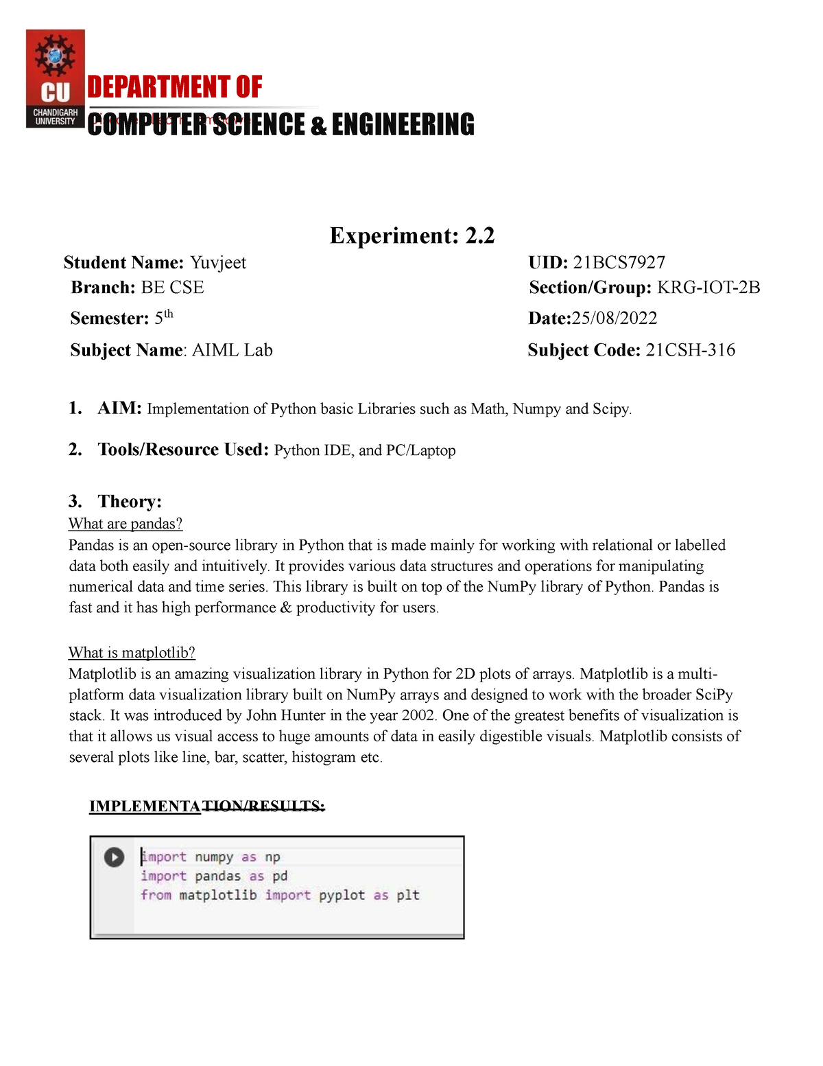 AIML 2 - Worksheet - COMPUTER SCIENCE & ENGINEERING Experiment: 2 ...