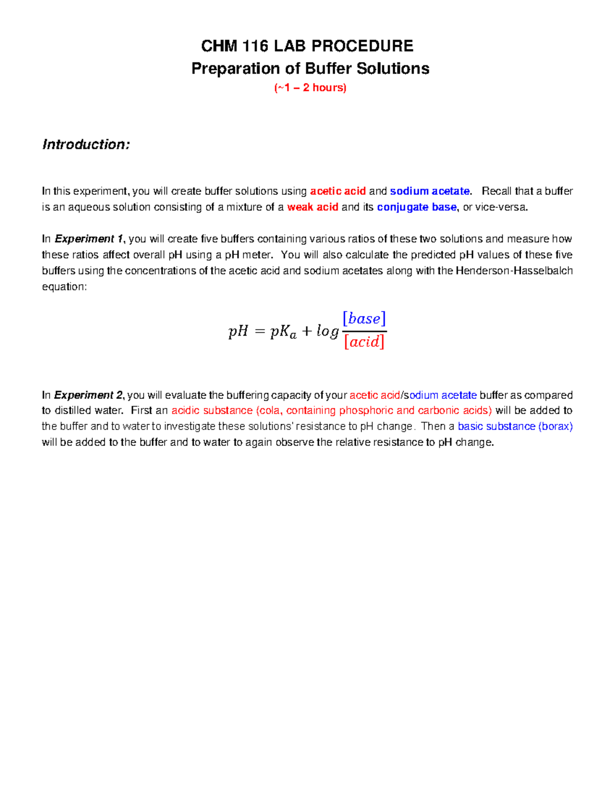 05 Buffers Procedure Fall22 CHM 116 LAB PROCEDURE Preparation of