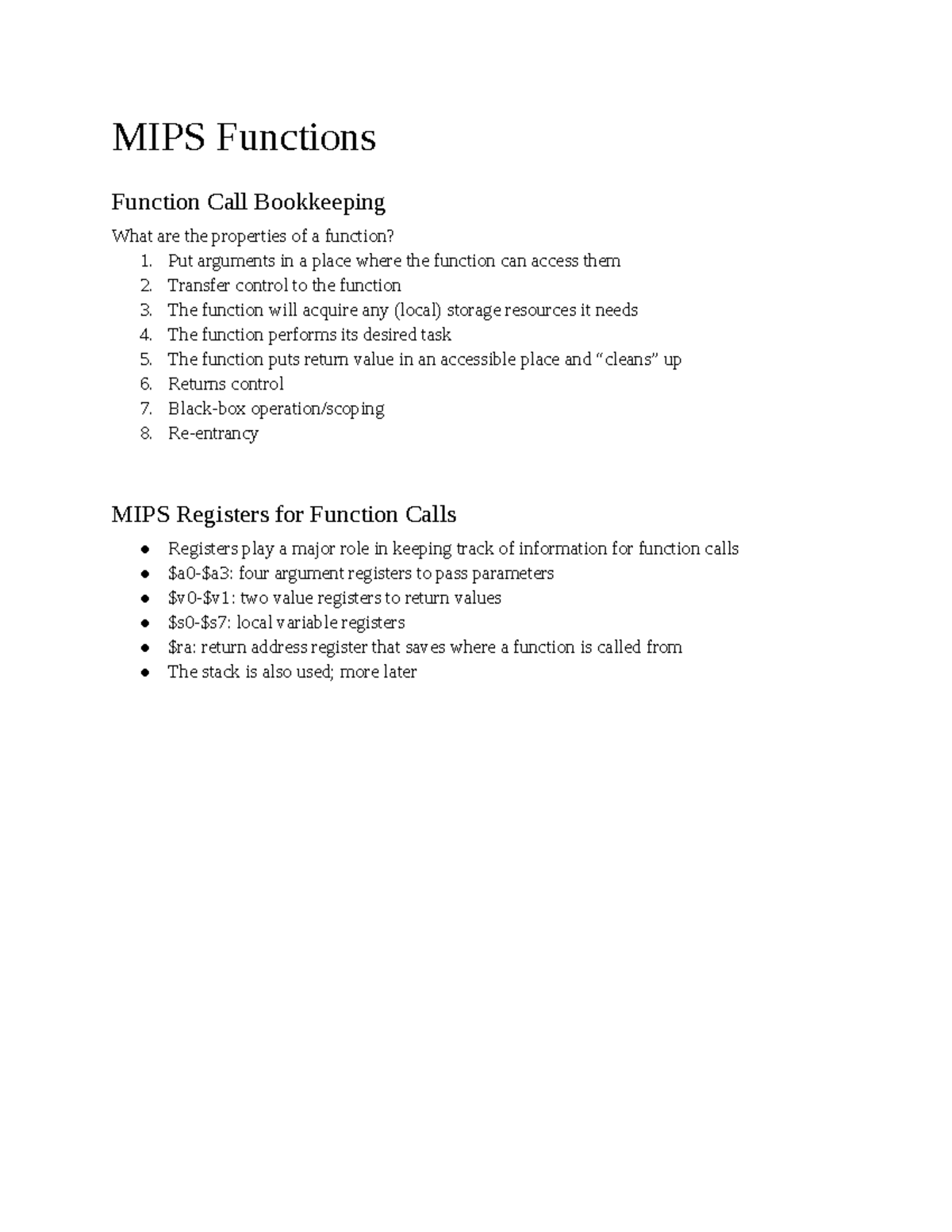 Lecture 7 - MIPS Functions Function Call Bookkeeping What are the ...