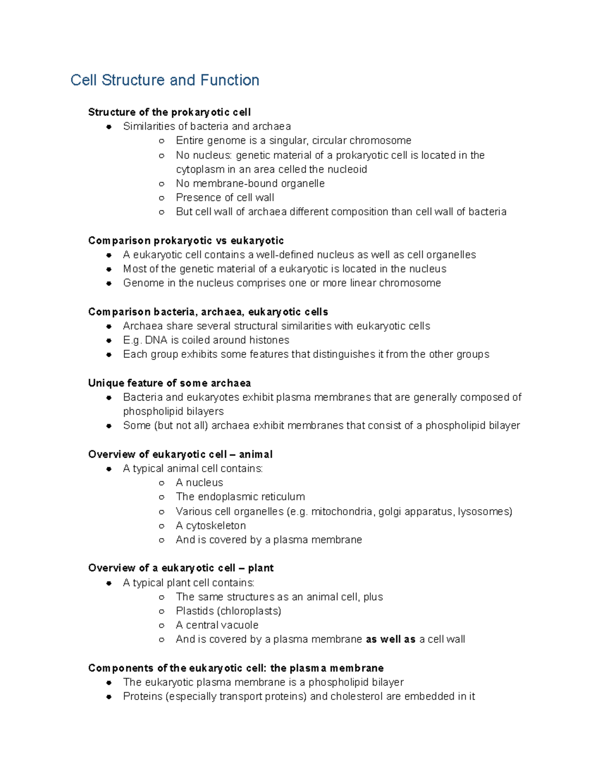 Week 2 - Week 2 lecture notes - Cell Structure and Function Structure ...