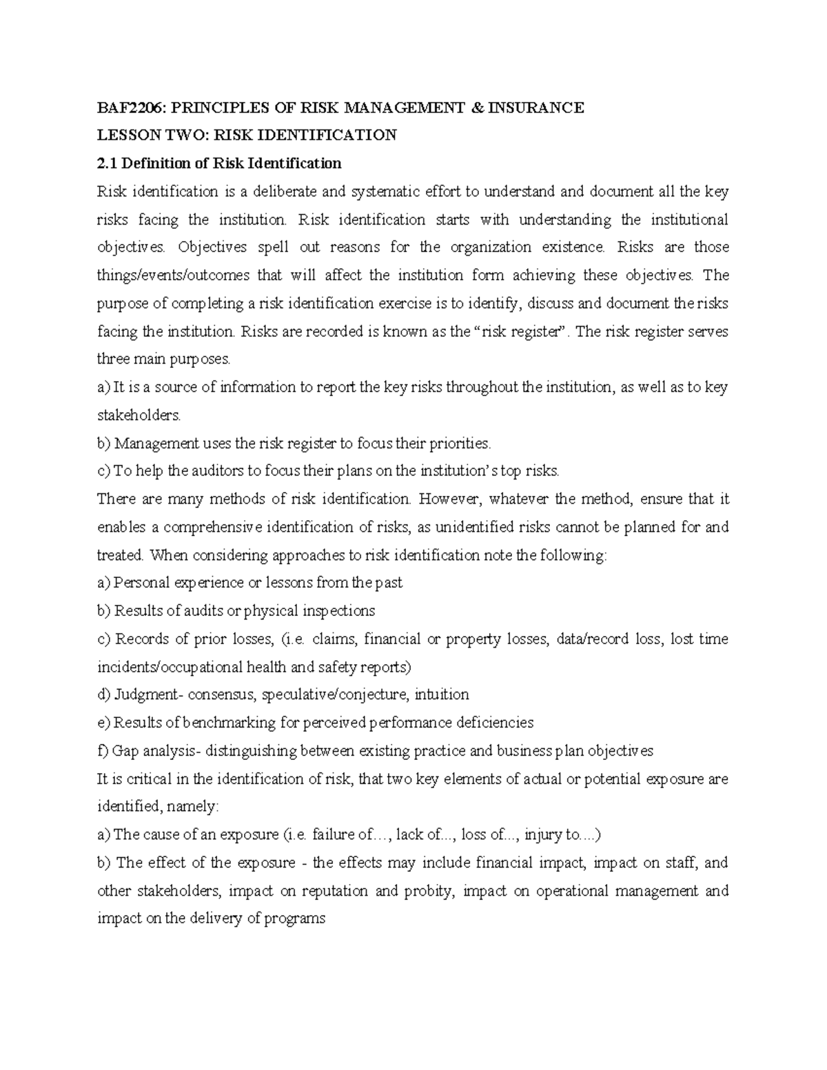 BAF2206 Lesson TWO BAF2206 PRINCIPLES OF RISK MANAGEMENT & INSURANCE