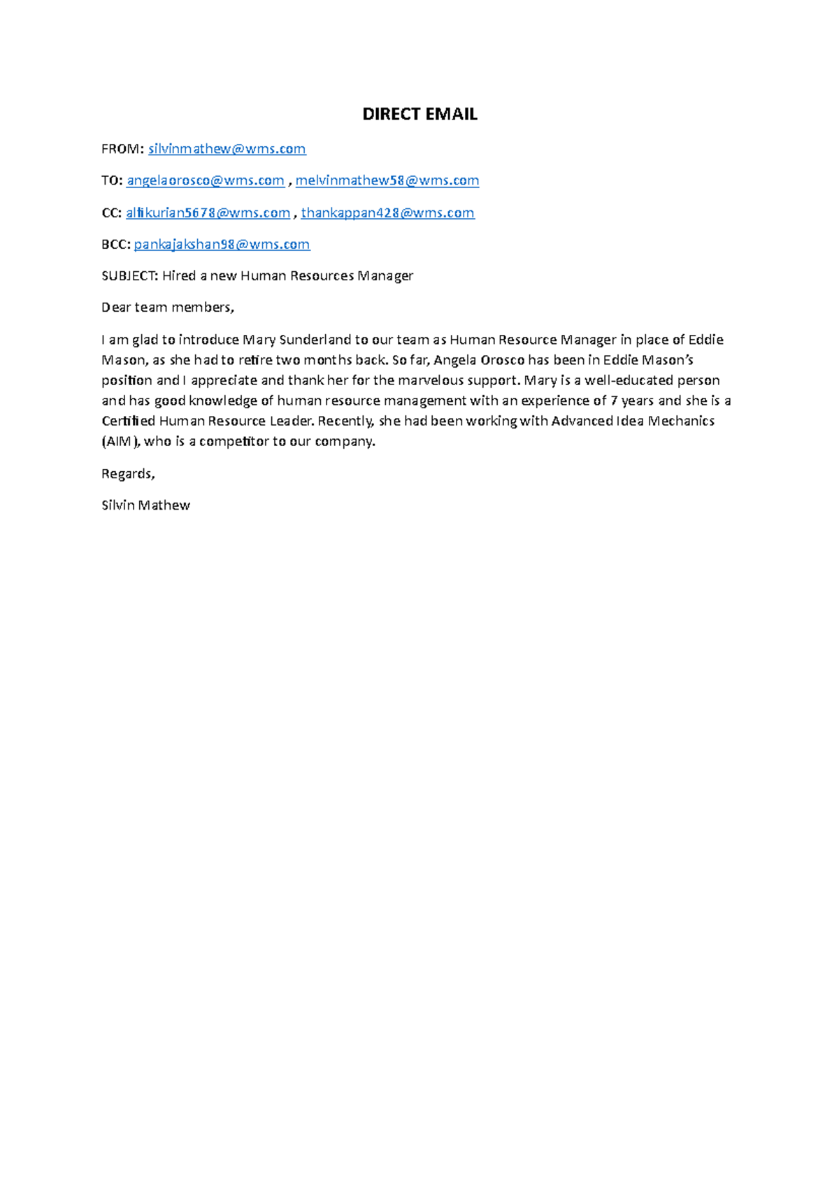 Silvin Mathew Direct email - DIRECT EMAIL FROM: silvinmathew@wms TO ...