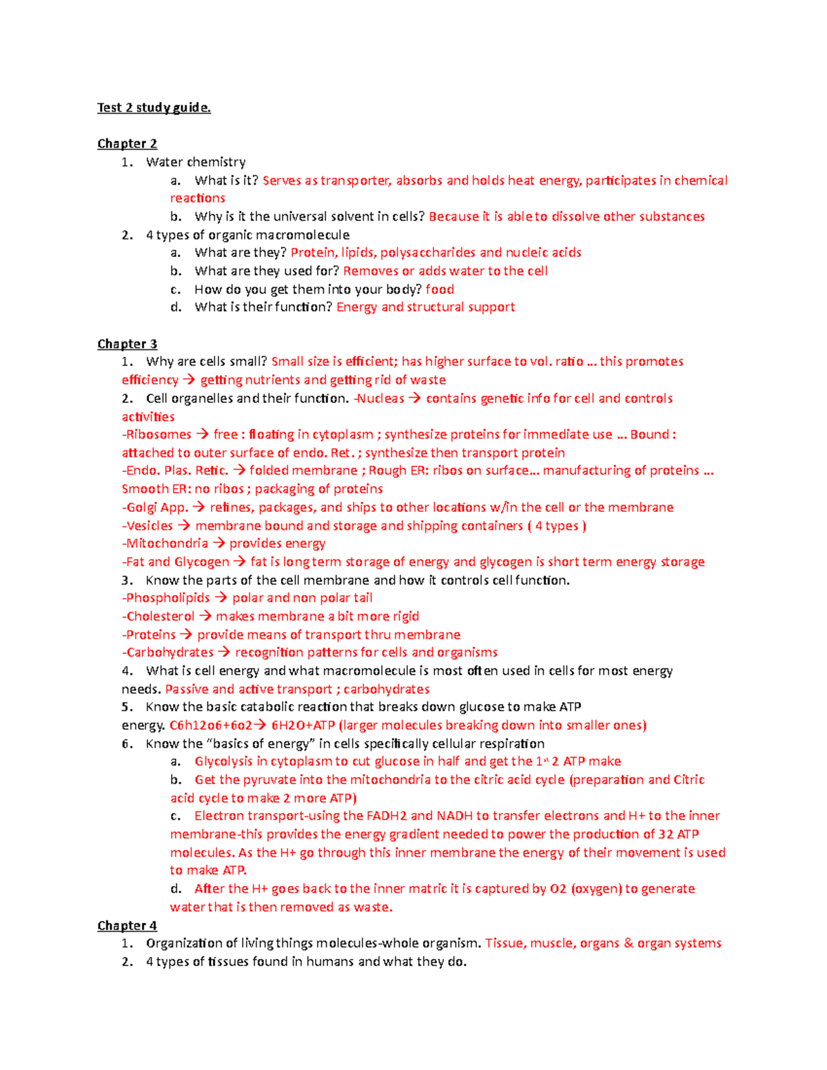 Study guide exam 2 bio - Test 2 study guide. Chapter 2 1. Water ...