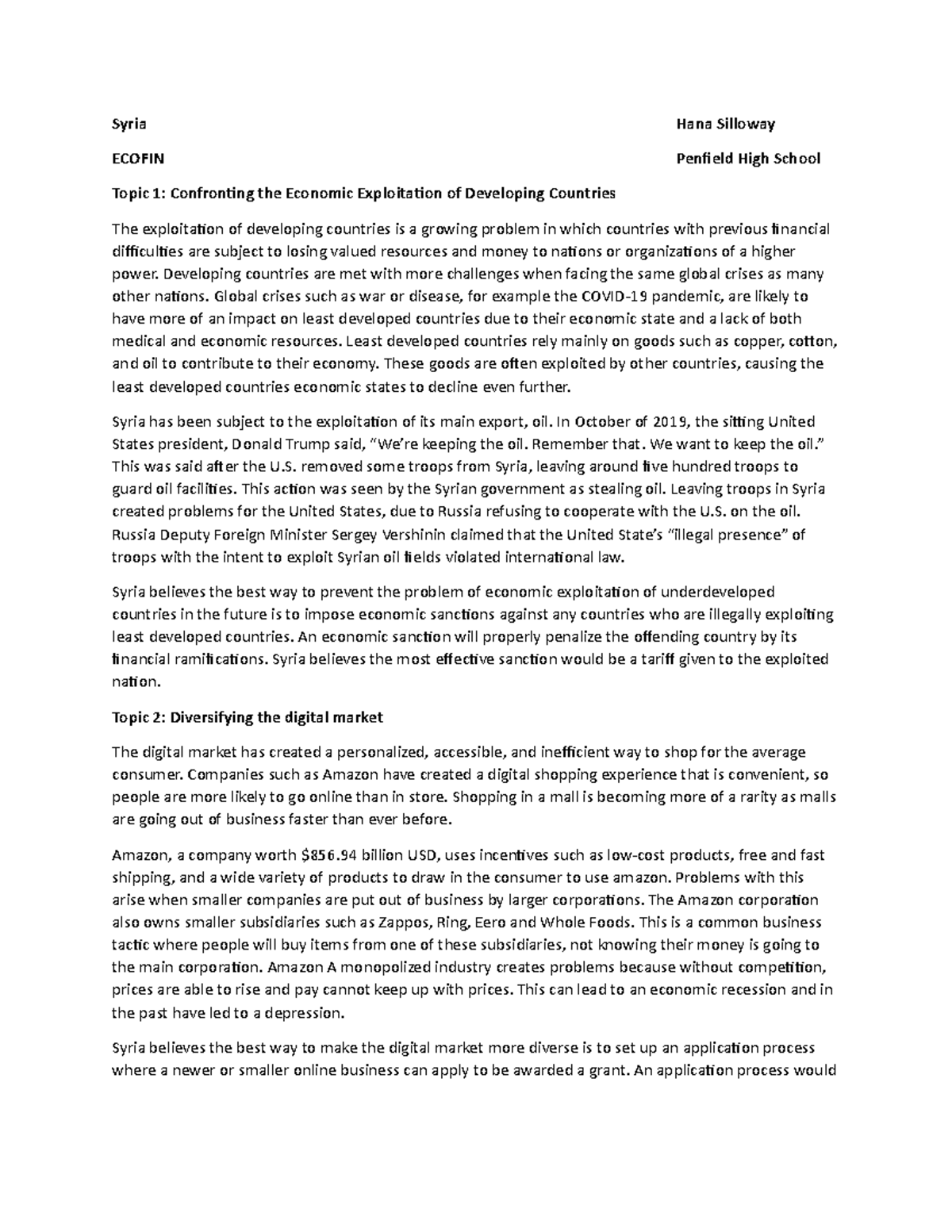 Ecofin syria position paper - Syria Hana Silloway ECOFIN Penfield High ...