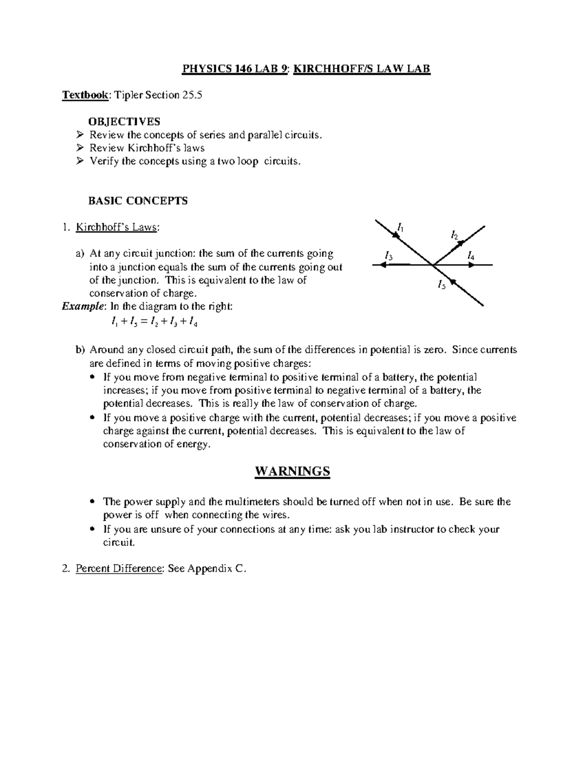 Lab #9 - Kirchhoff's Law - PHYSICS 146 LAB 9: LAW LAB Textbook: Tipler ...