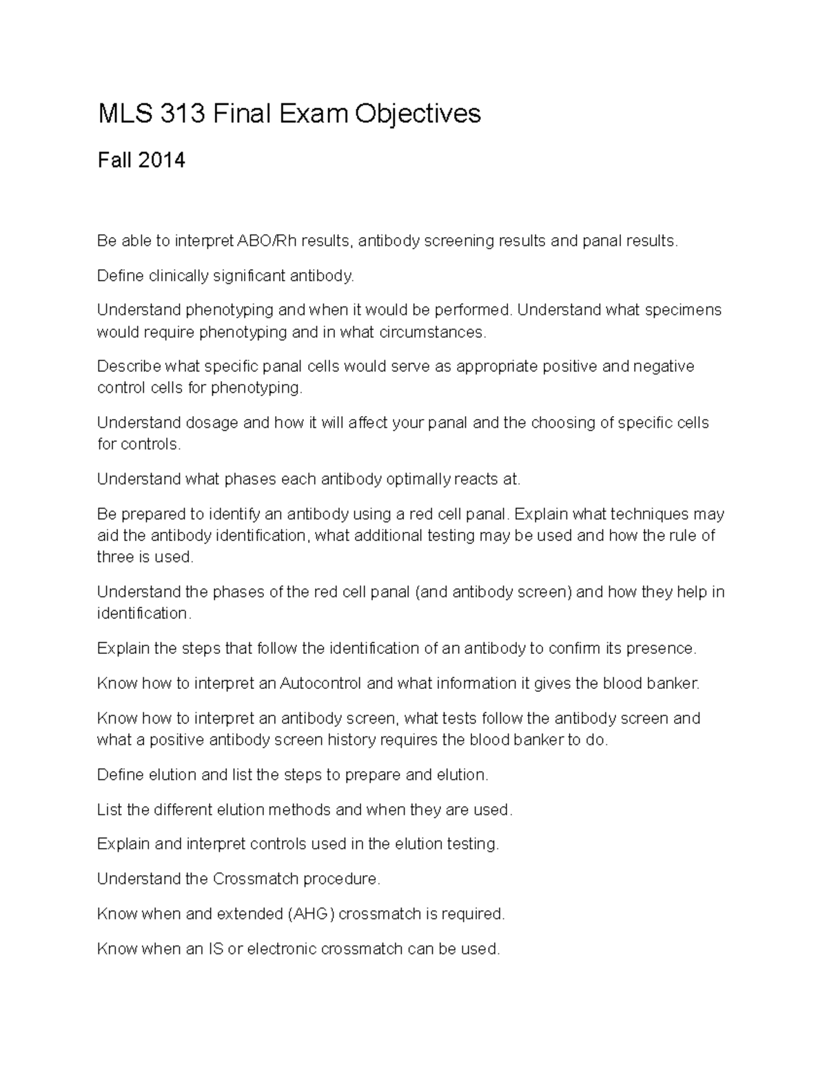 MLS 313 Final Exam Objectives MLS 313 Final Exam Objectives Fall 2014