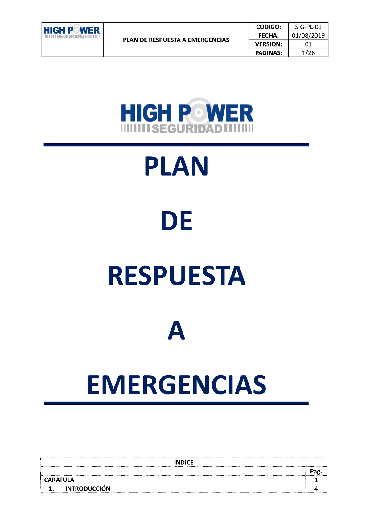 1 Plan De Respuesta A Emergencias V01 Plan De Respuesta A Emergencias Fecha 0108 Version 2772