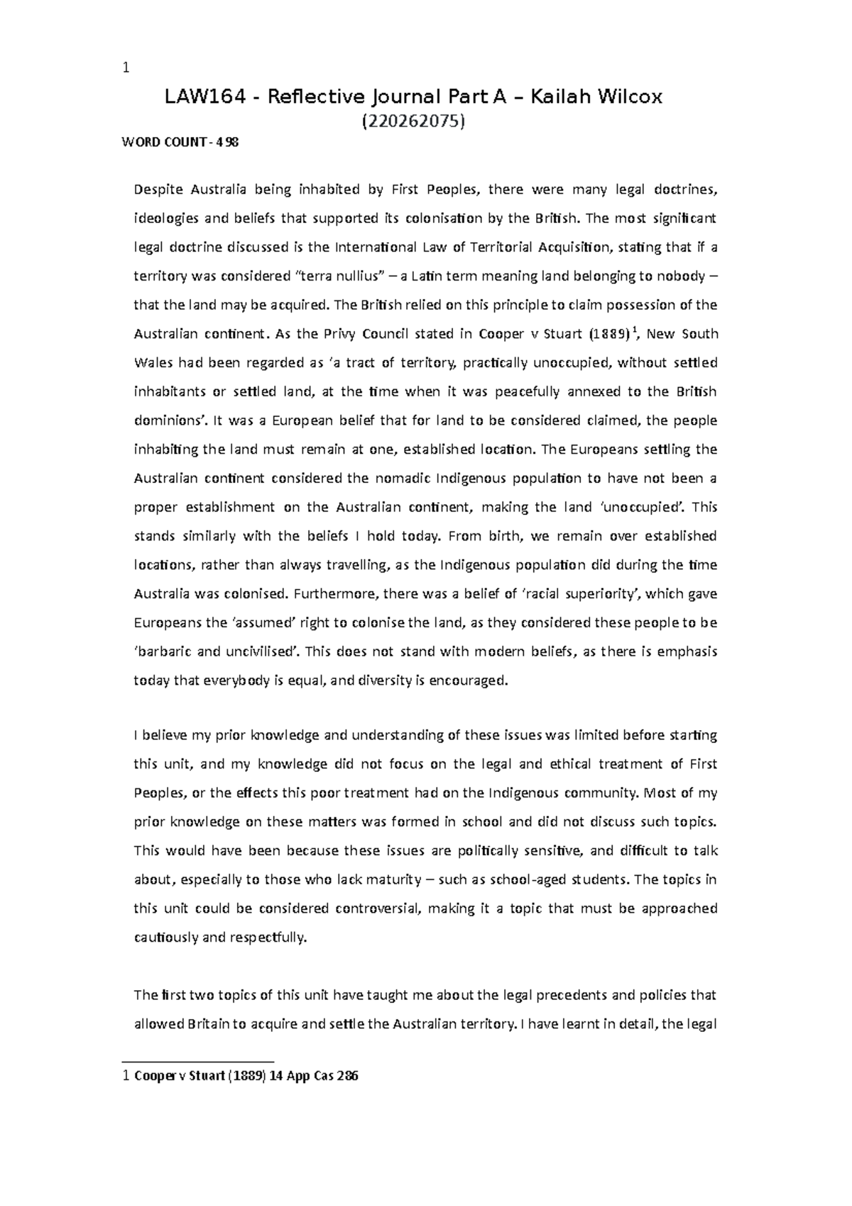 Reflective Journal Part A - The most significant legal doctrine ...