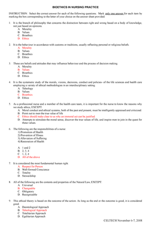 Bioethics In Nursing Practice Set 2 Questions - BIOETHICS IN NURSING ...