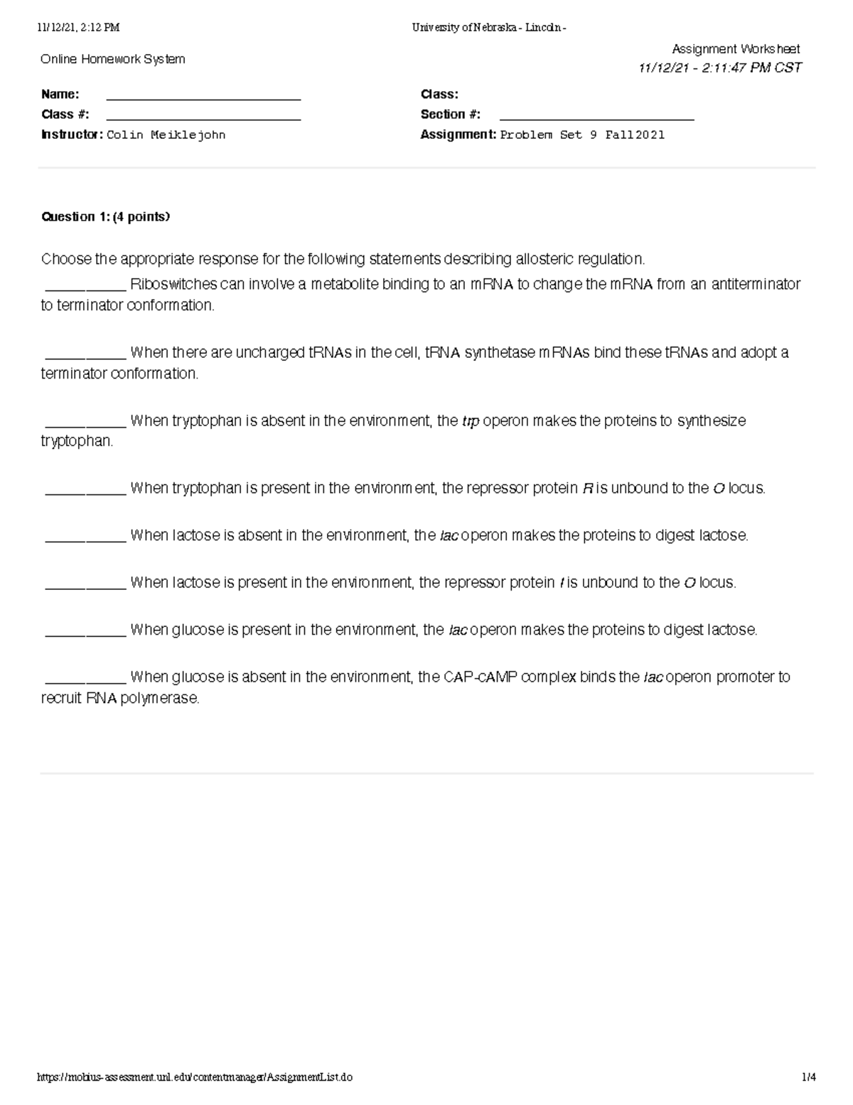 Problem set 9 Fall2021 - Genetics work - Online Homework System ...