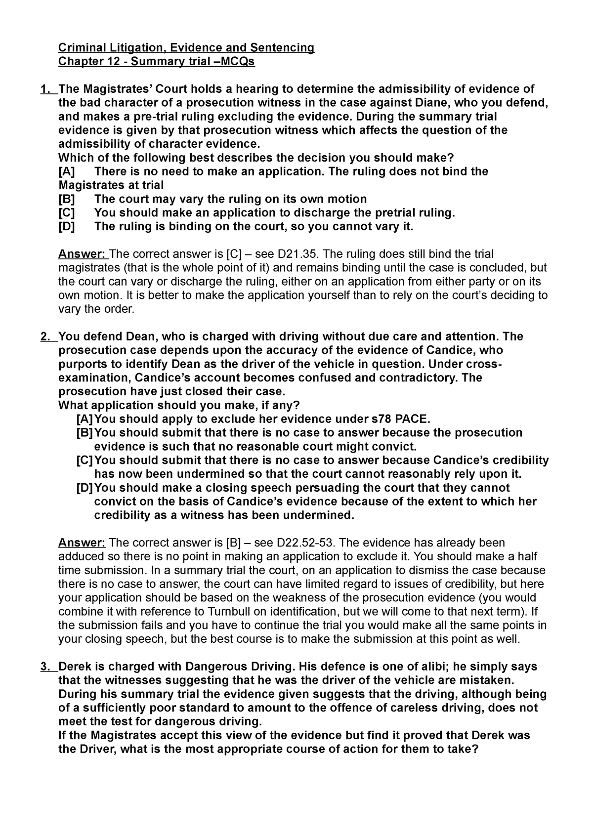 Chwise mcq 11 Summary trial - new - Criminal Litigation, Evidence and ...