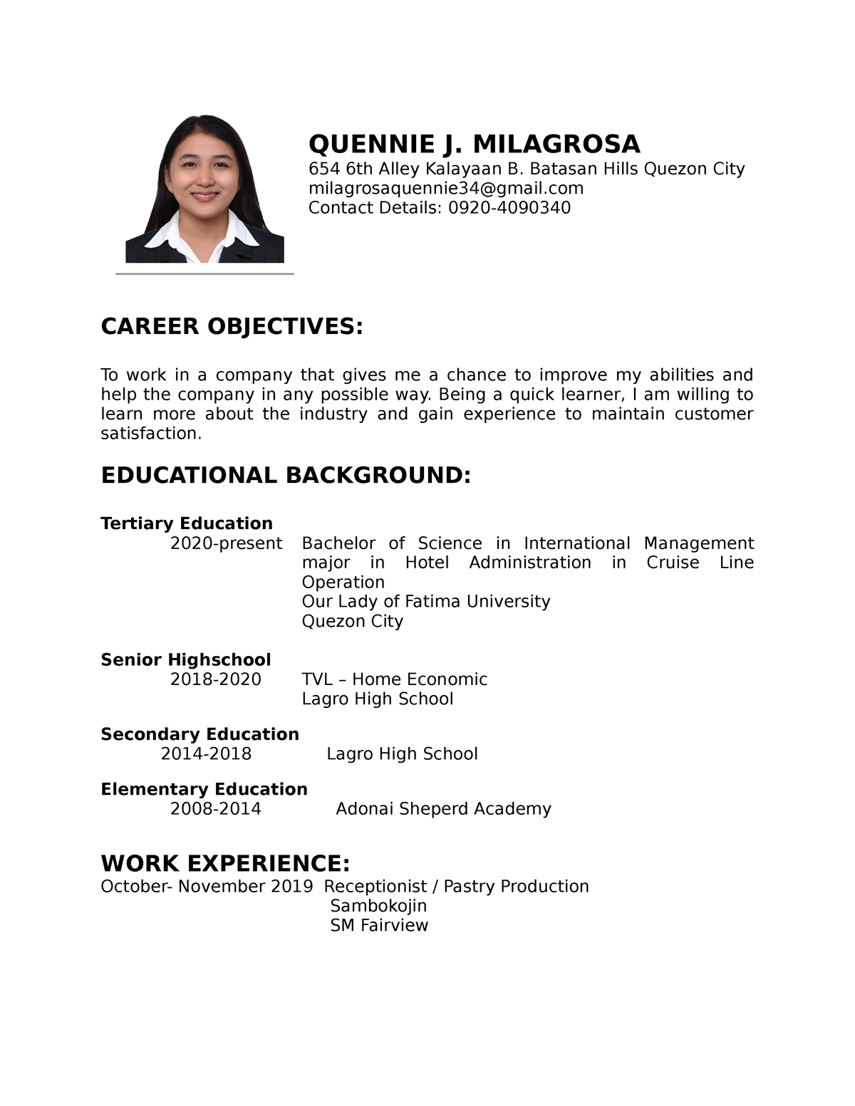 OLFU SWEP Resume QUIN - Pach211 - QUENNIE J. MILAGROSA 654 6th Alley ...