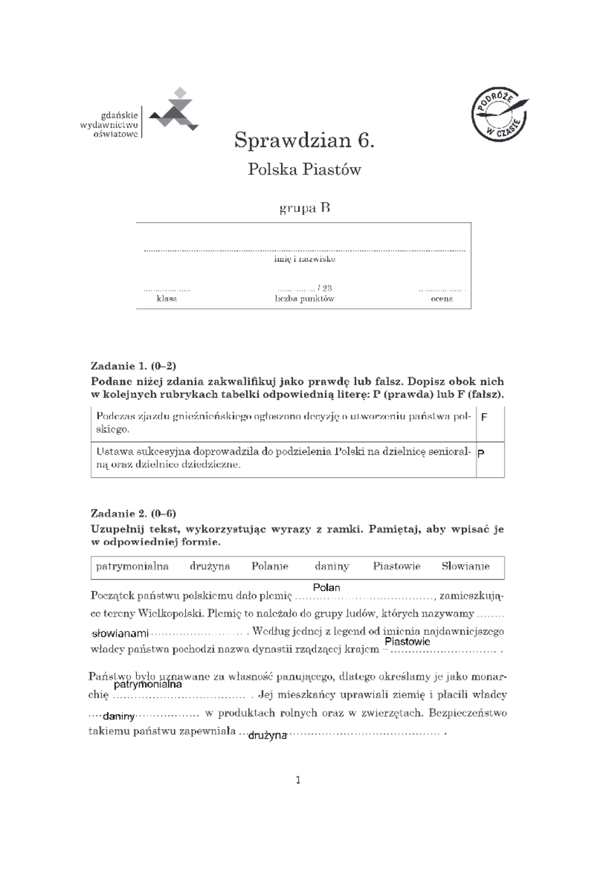 Historia 2 Gimnazjum Sprawdzian Polska Piastów www.studocu.com