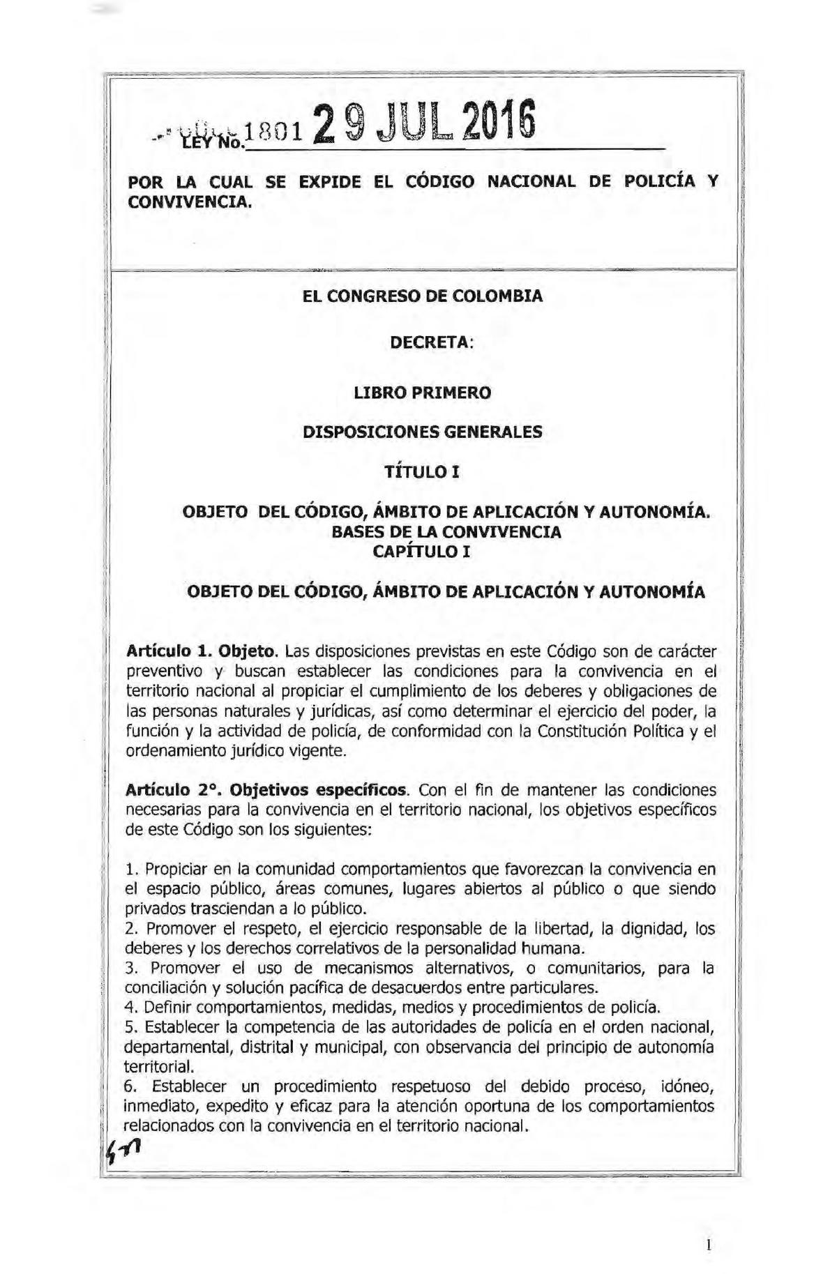 Ley 1801 De 2016 Codigo Nacional De Seguridad Y Convivencia Ciudadana