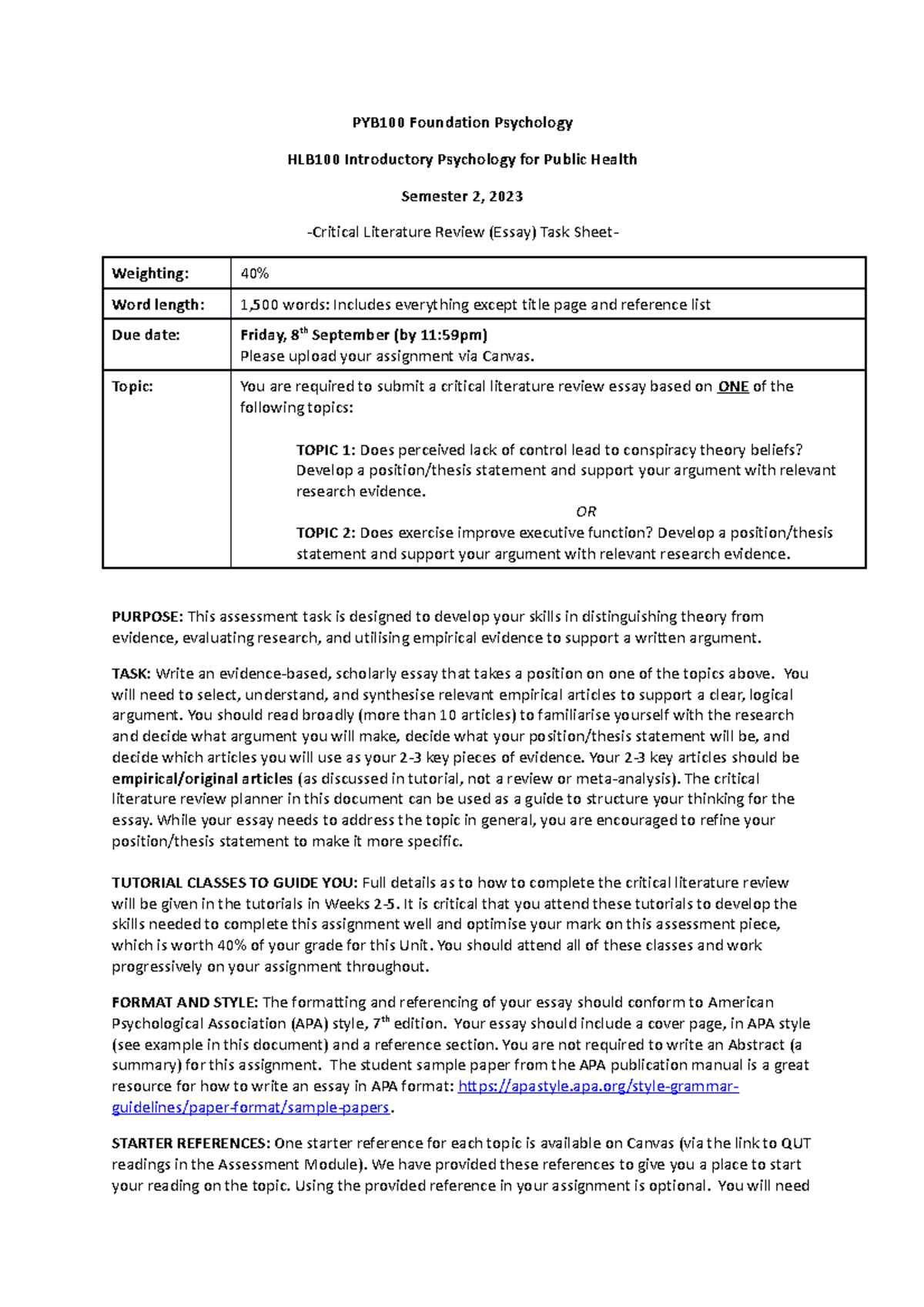 PYB100 HLB100 Assignment Task Sheet 2023 Sem2 - PYB100 Foundation ...