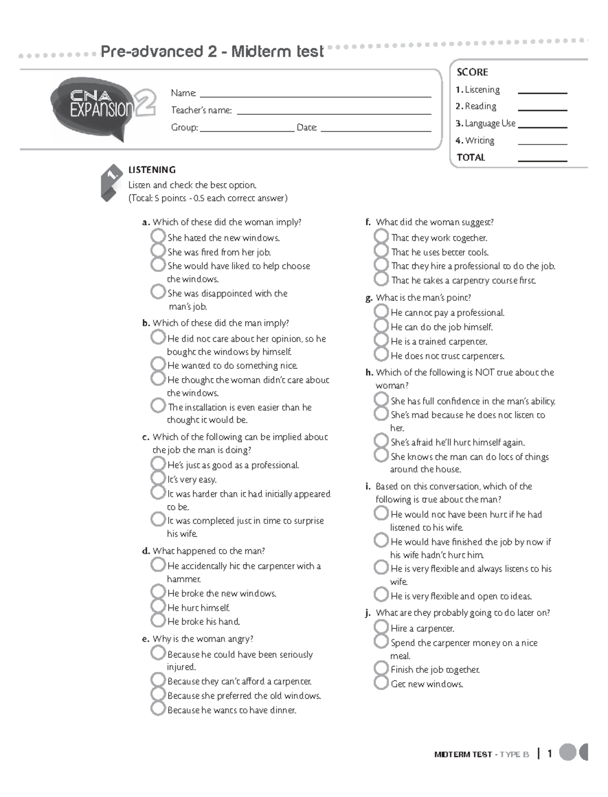 Pre-advanced 2 - Midterm Written Test - Tipo B - MIDTERM TEST - TYPE B ...