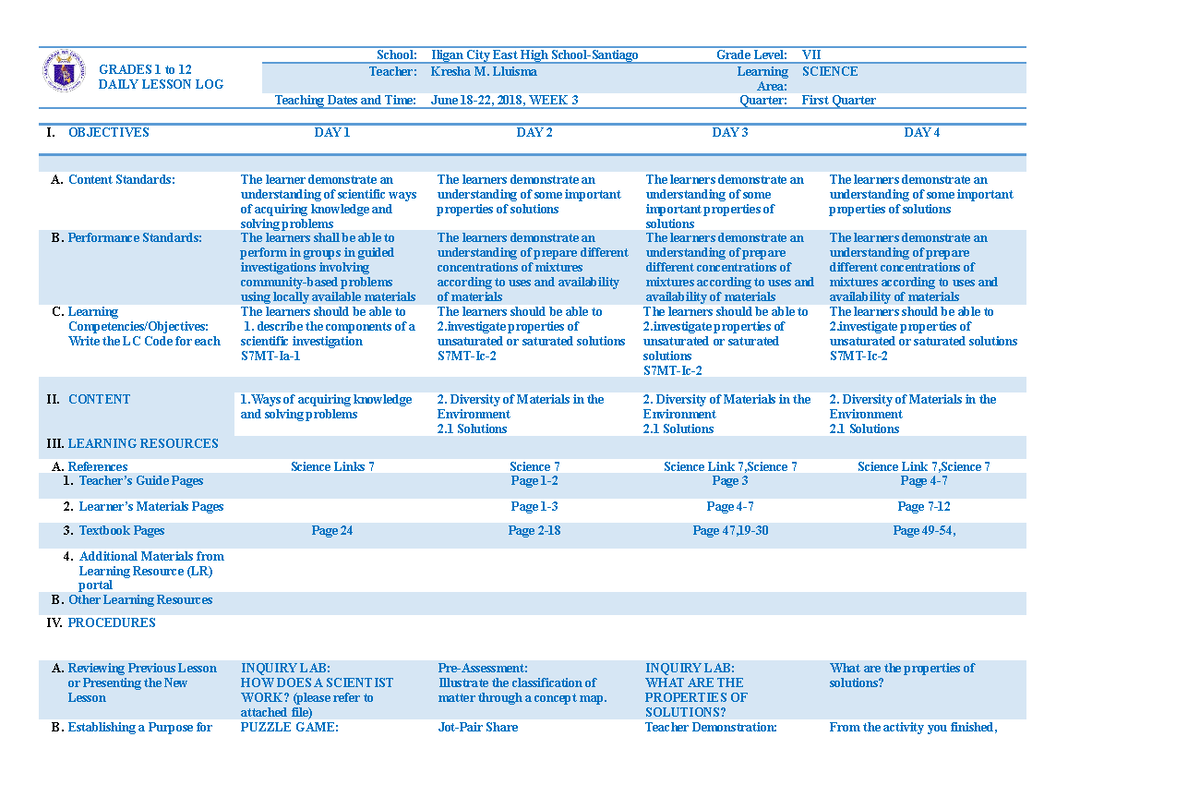 DLL Science Q1 W3 - LESSON PLAN IN BIOLOGY - GRADES 1 to 12 DAILY ...