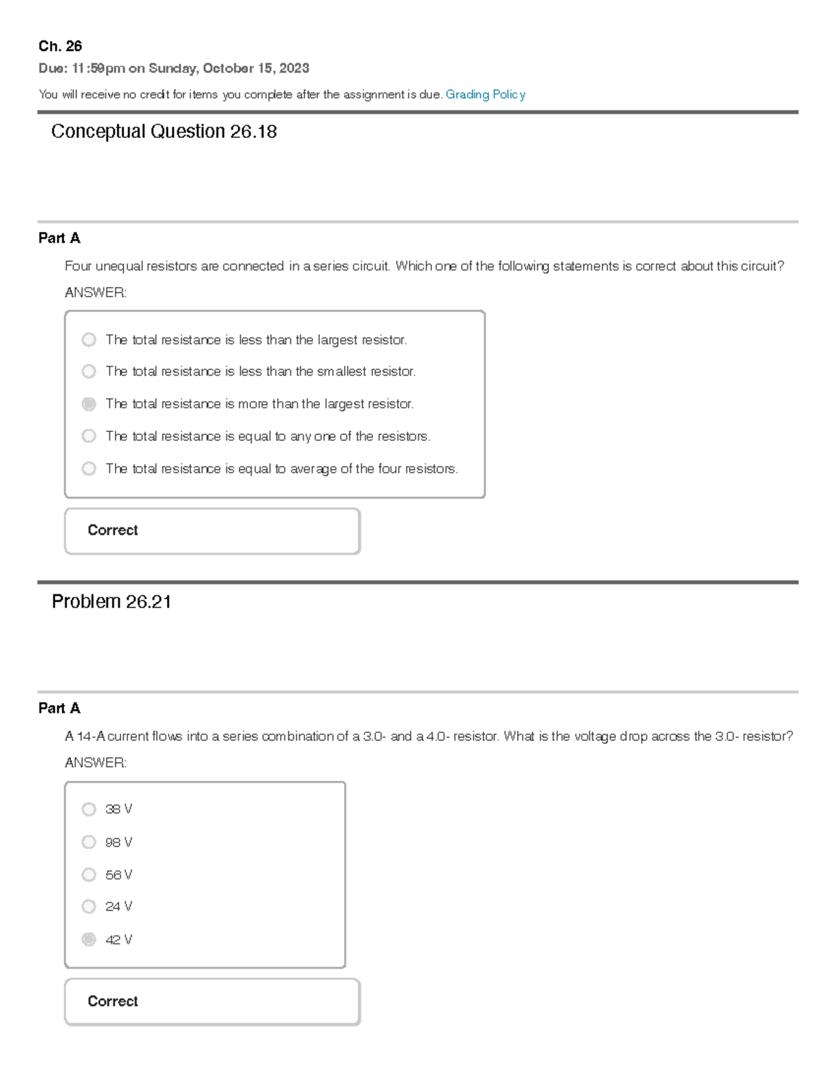 Ch. 26 - CH 26 Homework Problems - Ch. 26 Due: 11:59pm on Sunday ...