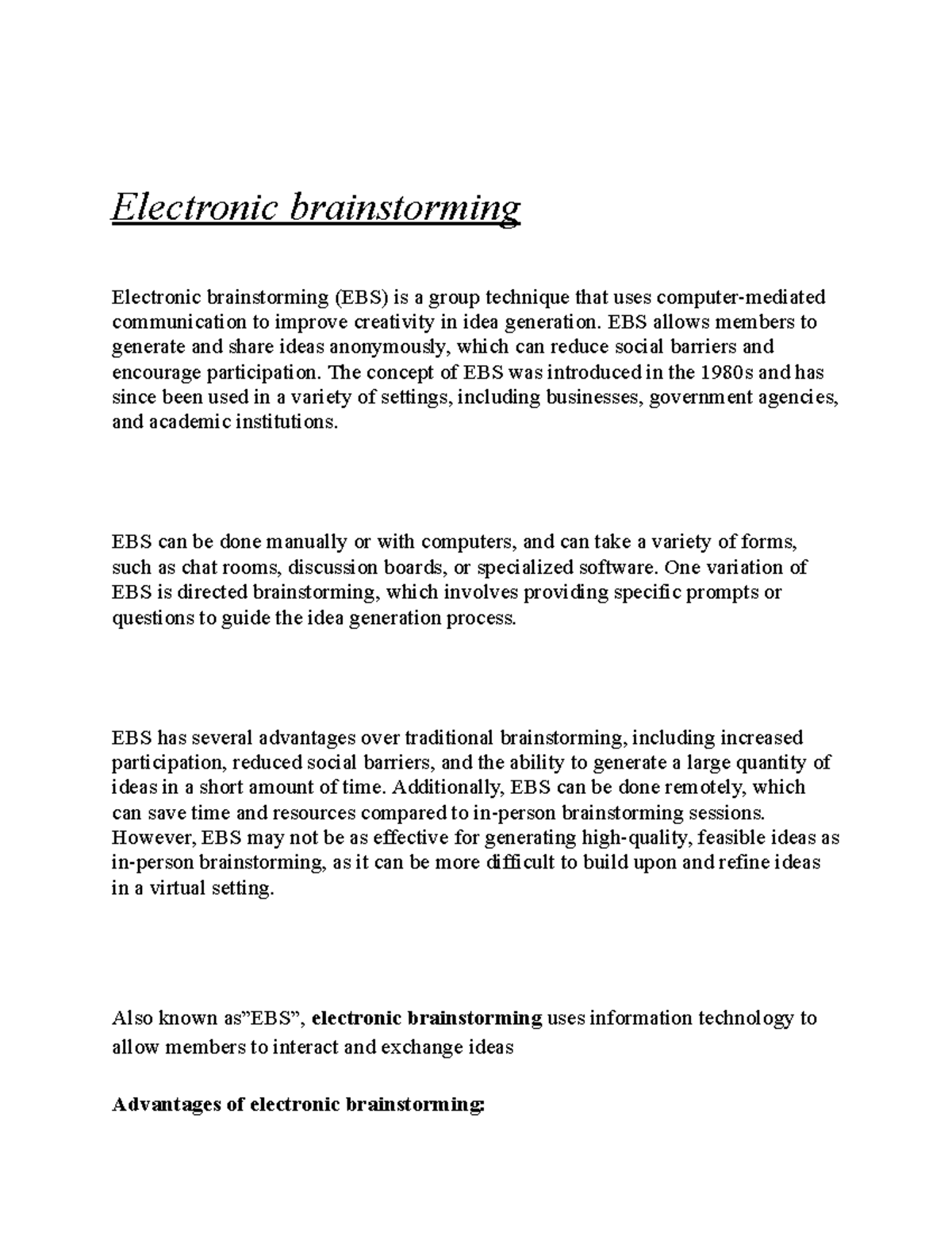 Electronic brainstorming Electronic brainstorming Electronic