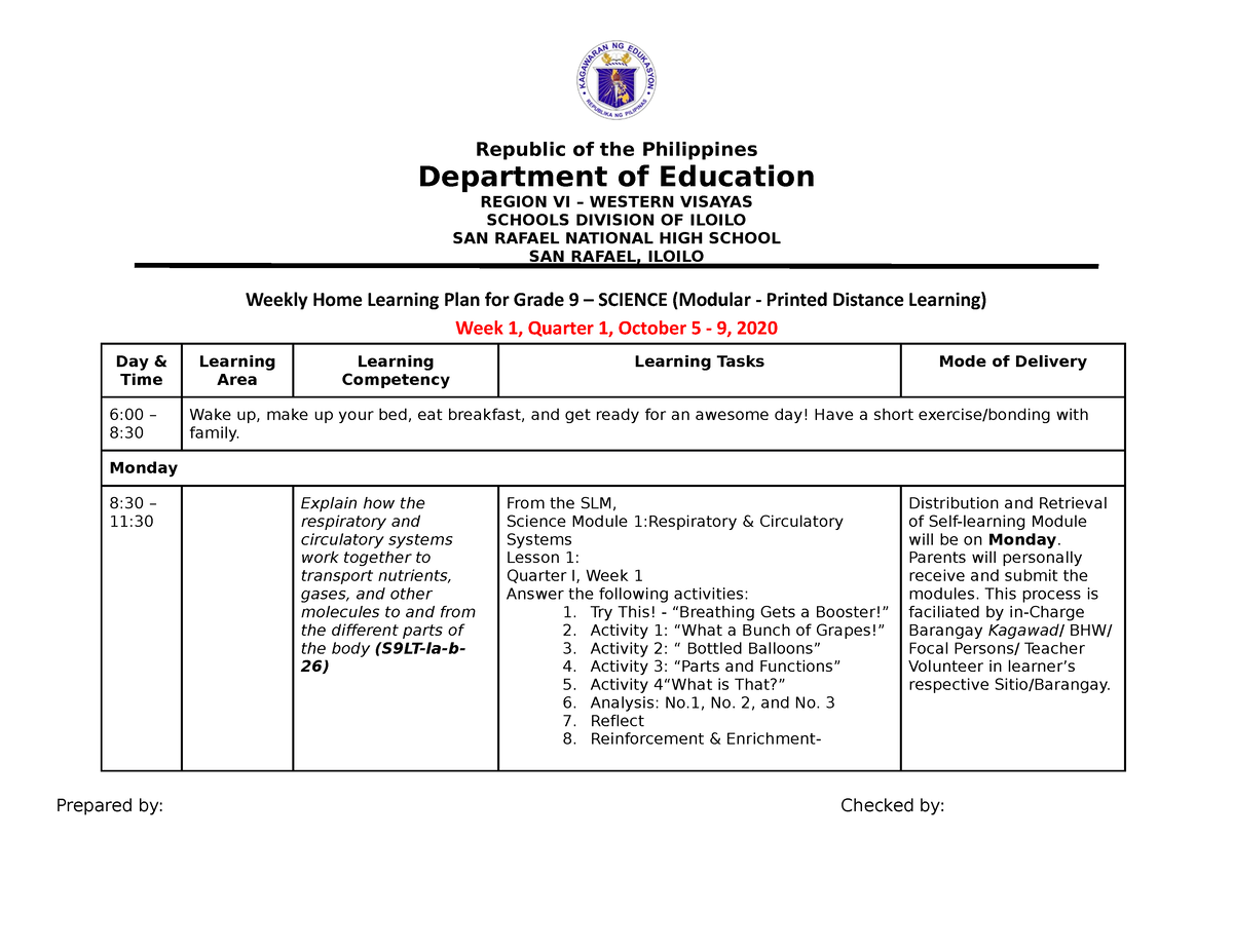 W1 - WEEKLY HOME LEARNING PLAN IN SCIENCE 9 - Republic of the ...