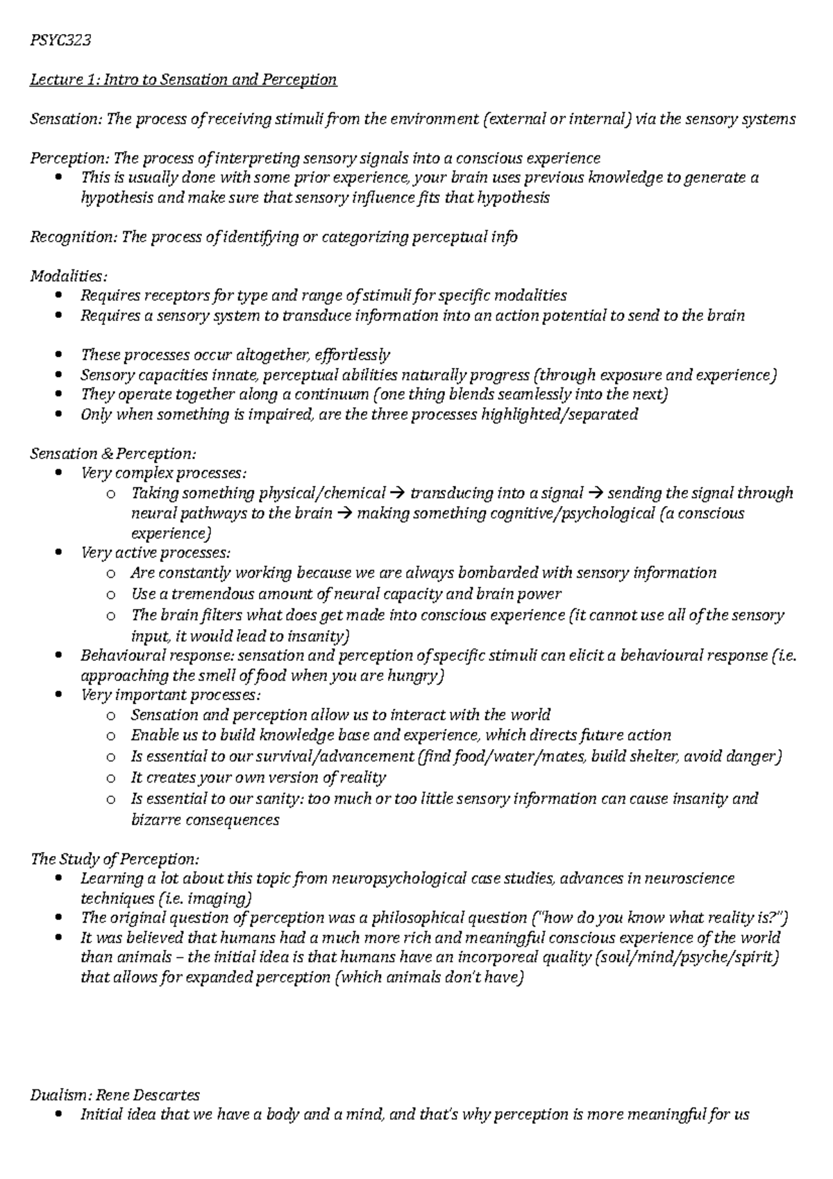 PSYC323 Lectures - PSYC Lecture 1: Intro to Sensation and Perception ...