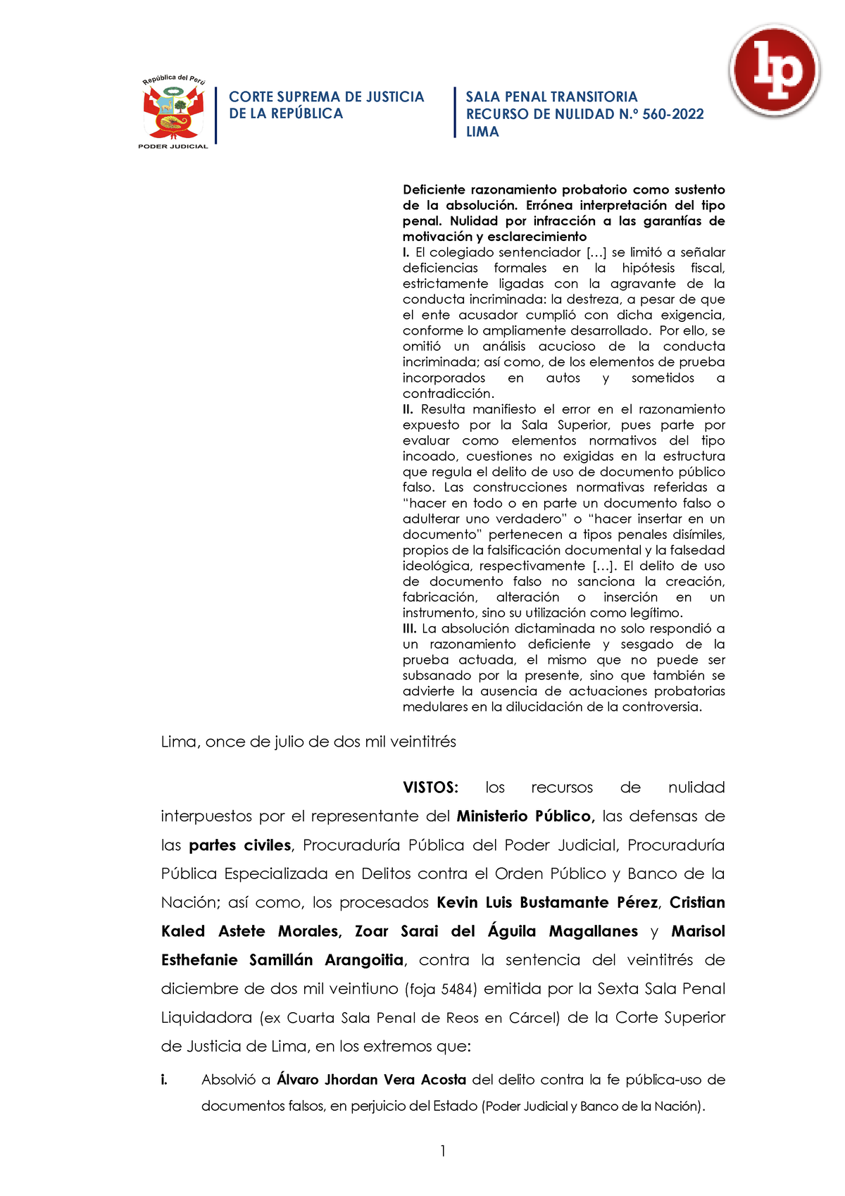 Recurso Nulidad 560 2022 Lima LPDerecho - RECURSO DE NULIDAD N.º 560 ...