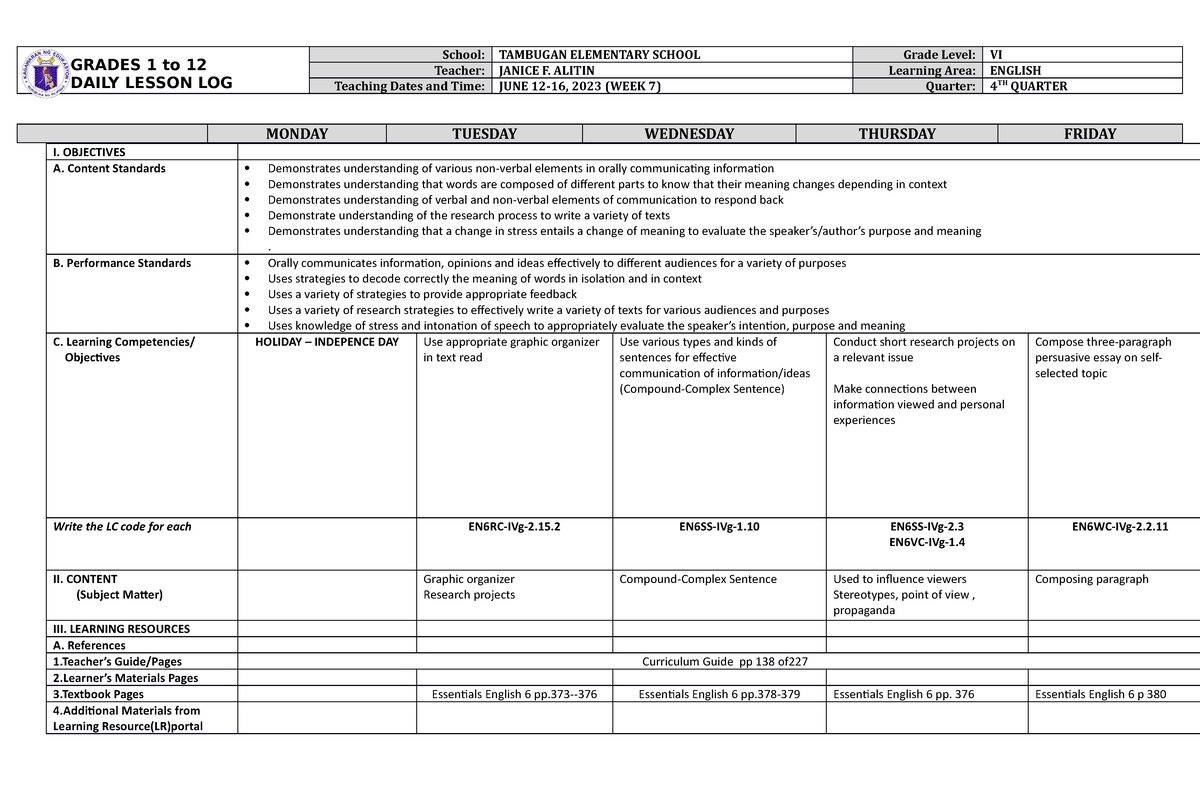 DLL English 6 Q4 W7 - GRADES 1 to 12 DAILY LESSON LOG School: TAMBUGAN ...