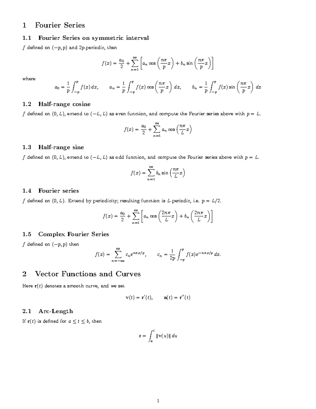 Formula sheet Test1 - 1 Fourier Series 1 Fourier Series on symmetric ...