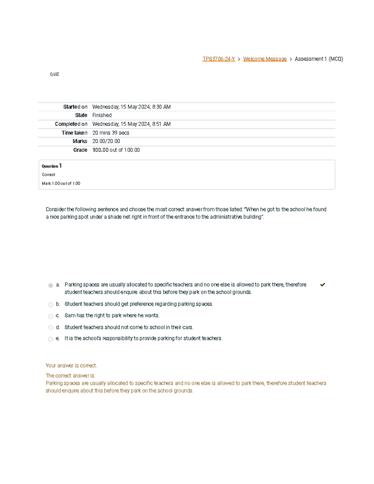 Assessment 1 (MCQ) Attempt review - TPS3706-24-Y Welcome Message ...