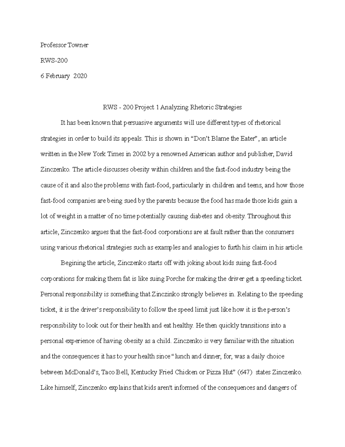 RWS 200 Paper 1 - Professor Towner RWS- 6 February 2020 RWS - 200 ...