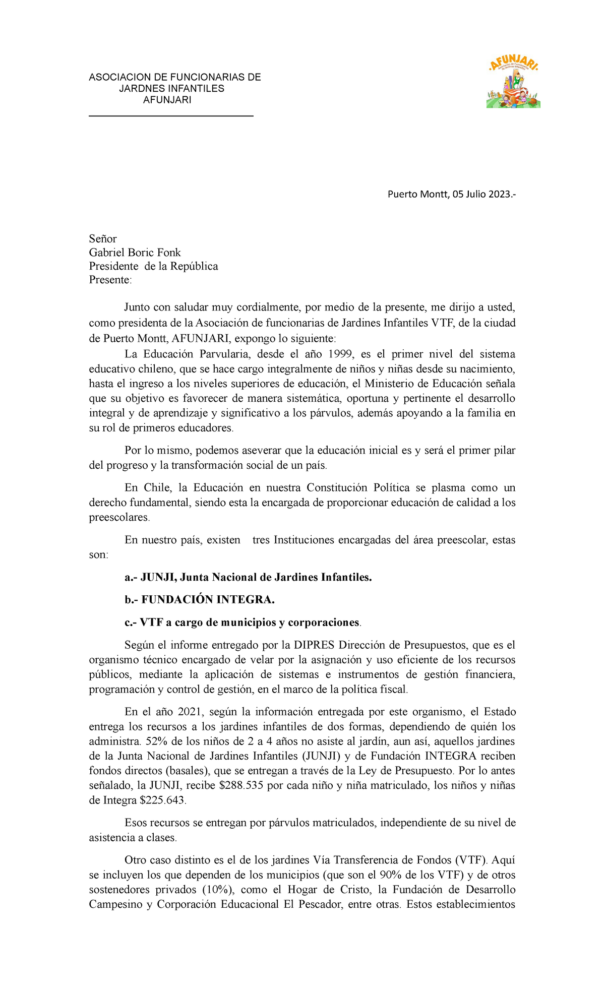 Carta Al Presidente De La Republica Asociacion De Funcionarias De Jardnes Infantiles Afunjari 9697