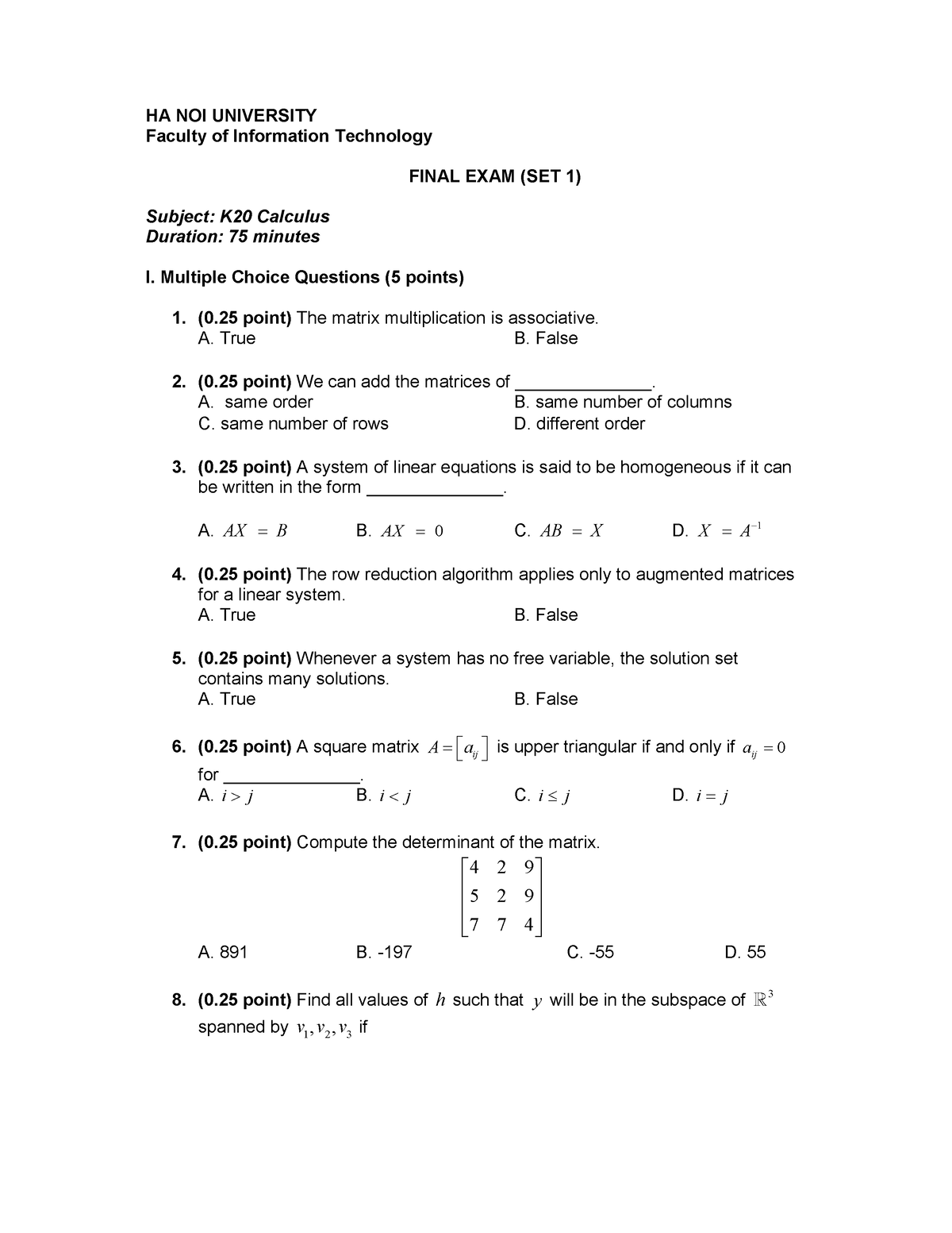 Final Exam CAL 20 21 Set 1 HA NOI UNIVERSITY Faculty of