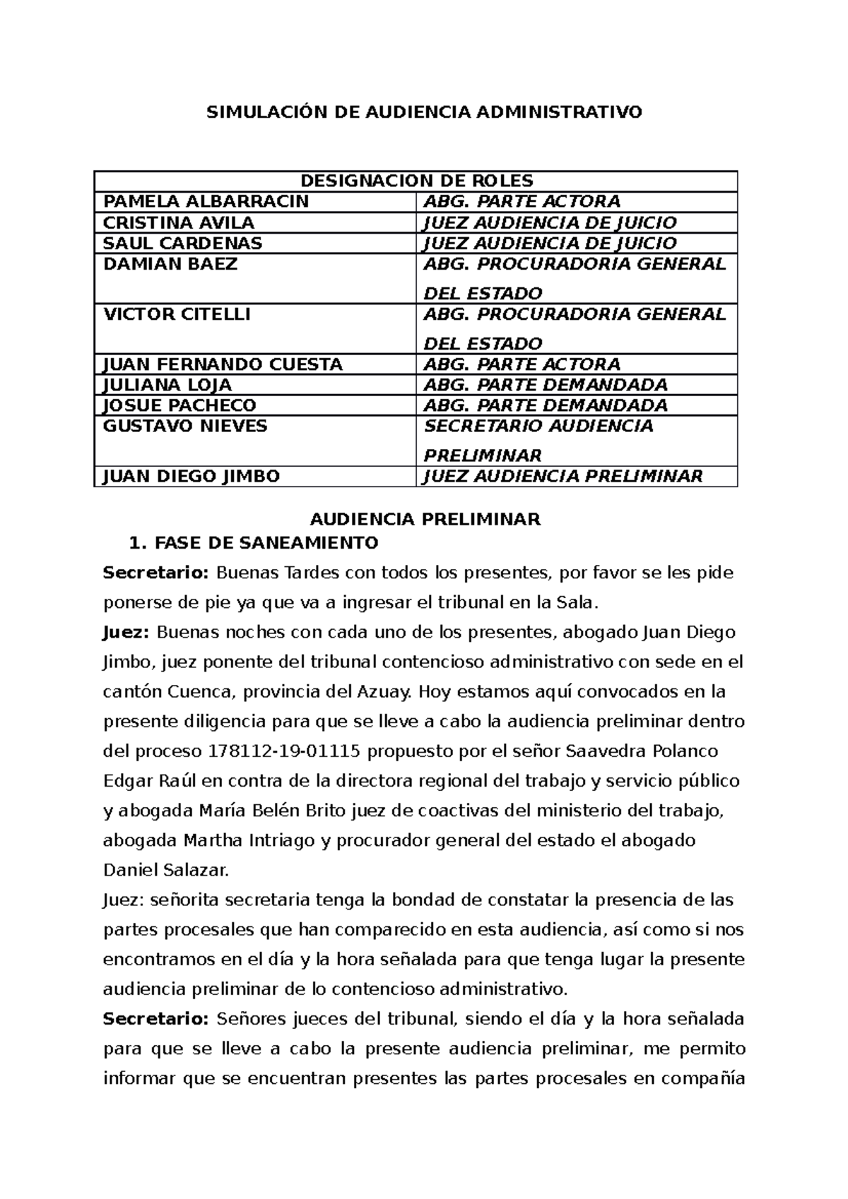 Simulacion DE Audiencia Administrativo - SIMULACIÓN DE AUDIENCIA ...