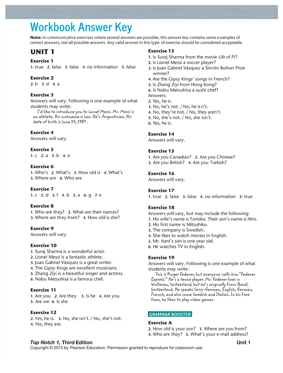 Respuestas ingles tarea Top Notch 1,Top Notch 1, Third EditionThird Edition Unit 1Unit 1