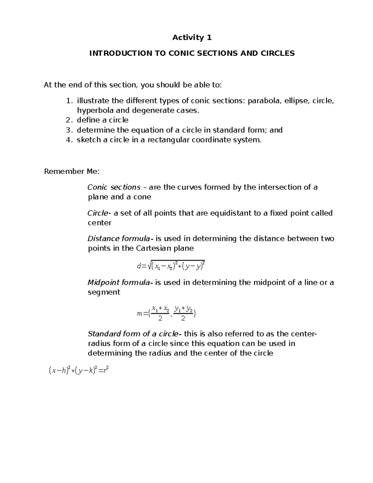 Activity 1 Paper Activity 1 - Activity 1 INTRODUCTION TO CONIC SECTIONS ...